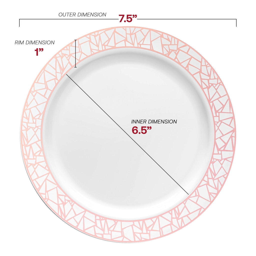 White with Silver and Rose Gold Mosaic Rim Round Plastic Appetizer/Salad Plates (7.5")