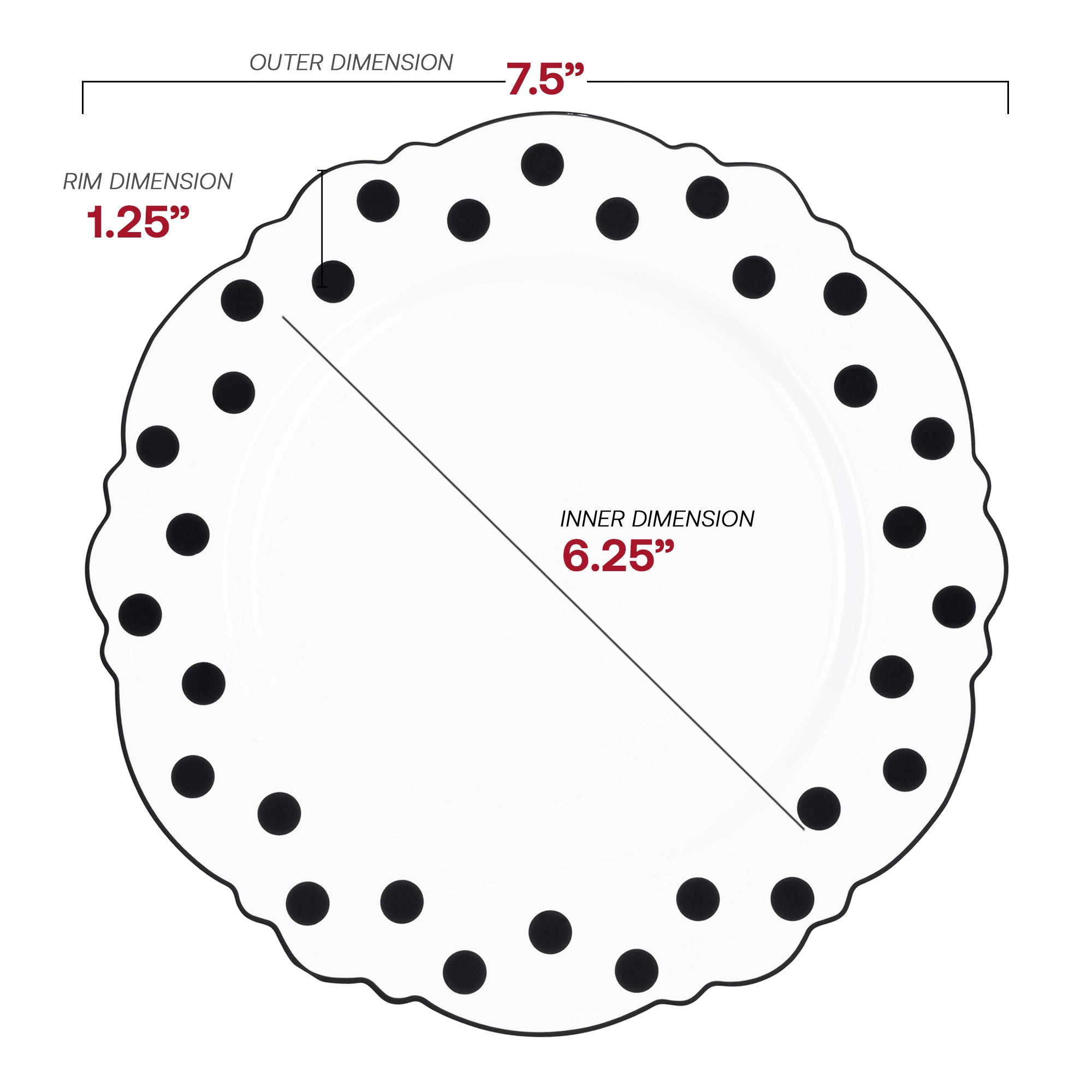 White with Black Dots Round Blossom Disposable Plastic Salad Plates (7.5")