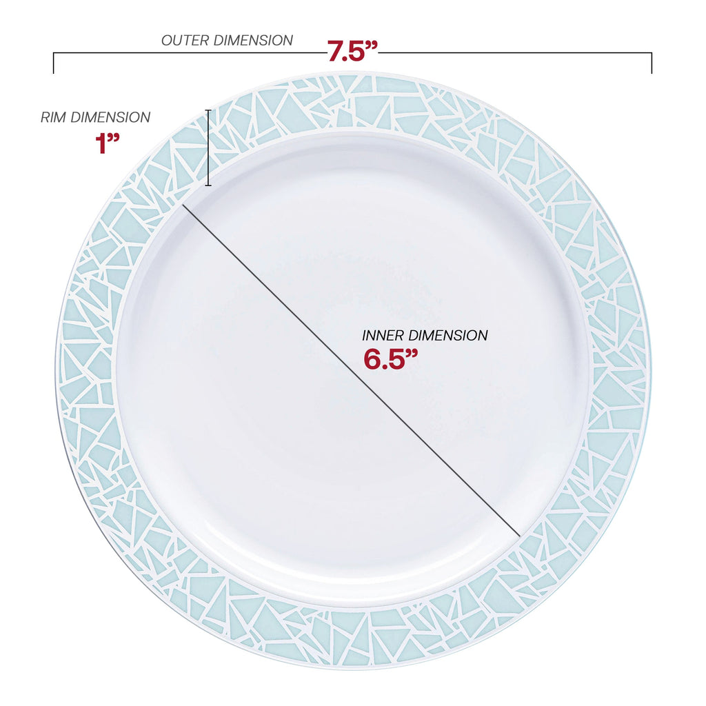 White with Turquoise Blue and Silver Mosaic Rim Round Plastic Appetizer/Salad Plates (7.5")