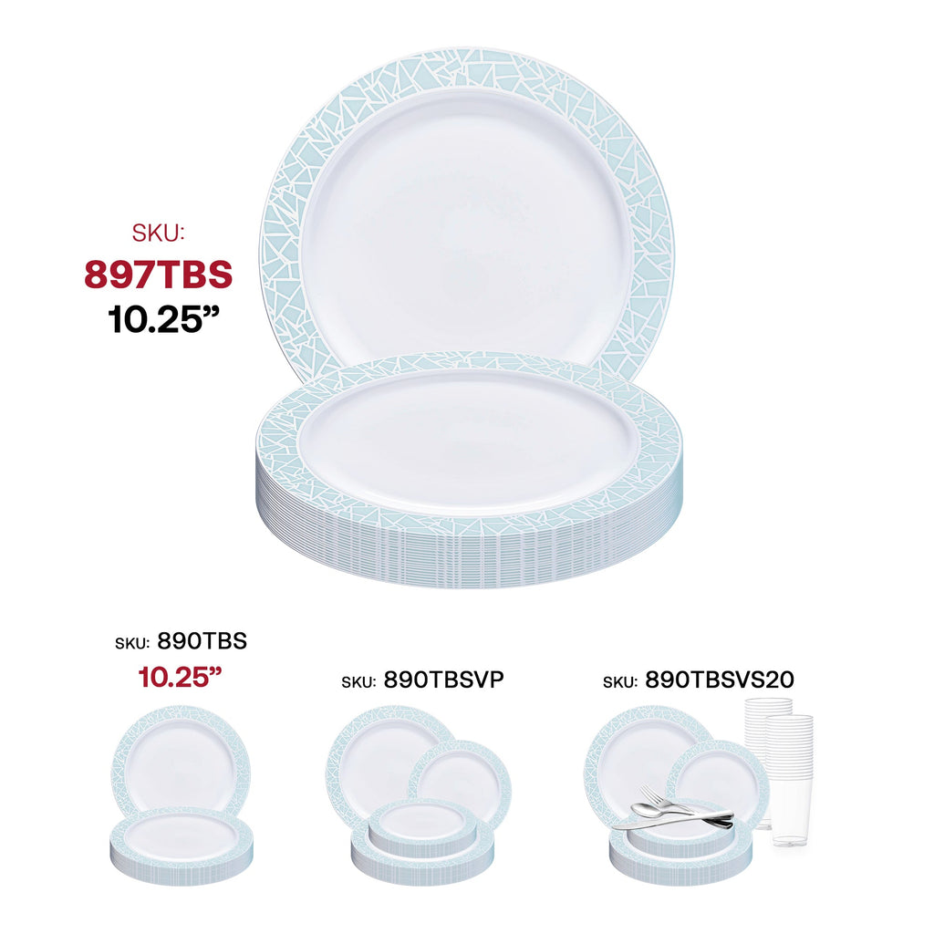 White with Turquoise Blue and Silver Mosaic Rim Round Plastic Appetizer/Salad Plates (7.5")