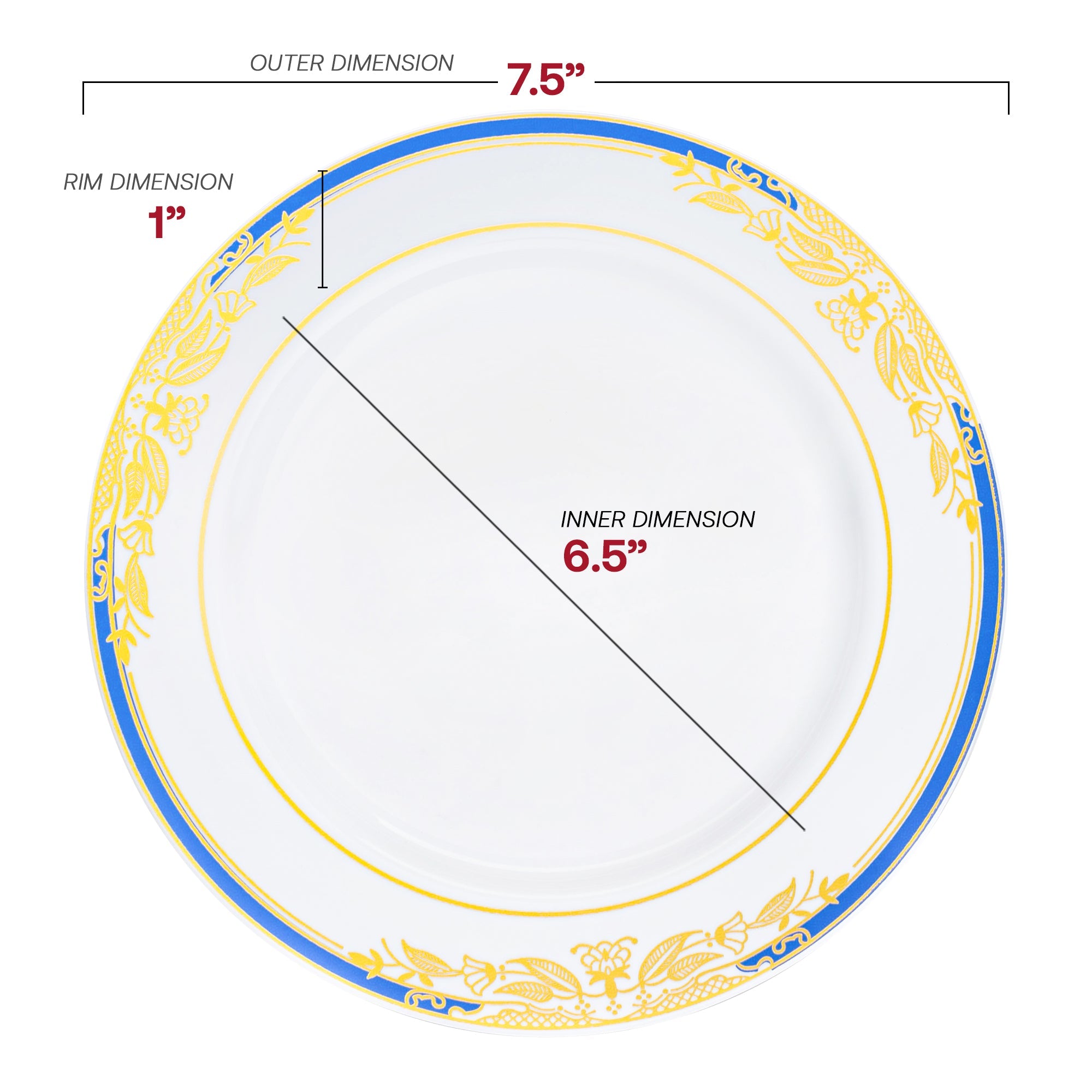 White with Blue and Gold Harmony Rim Plastic Appetizer/Salad Plates (7.5")