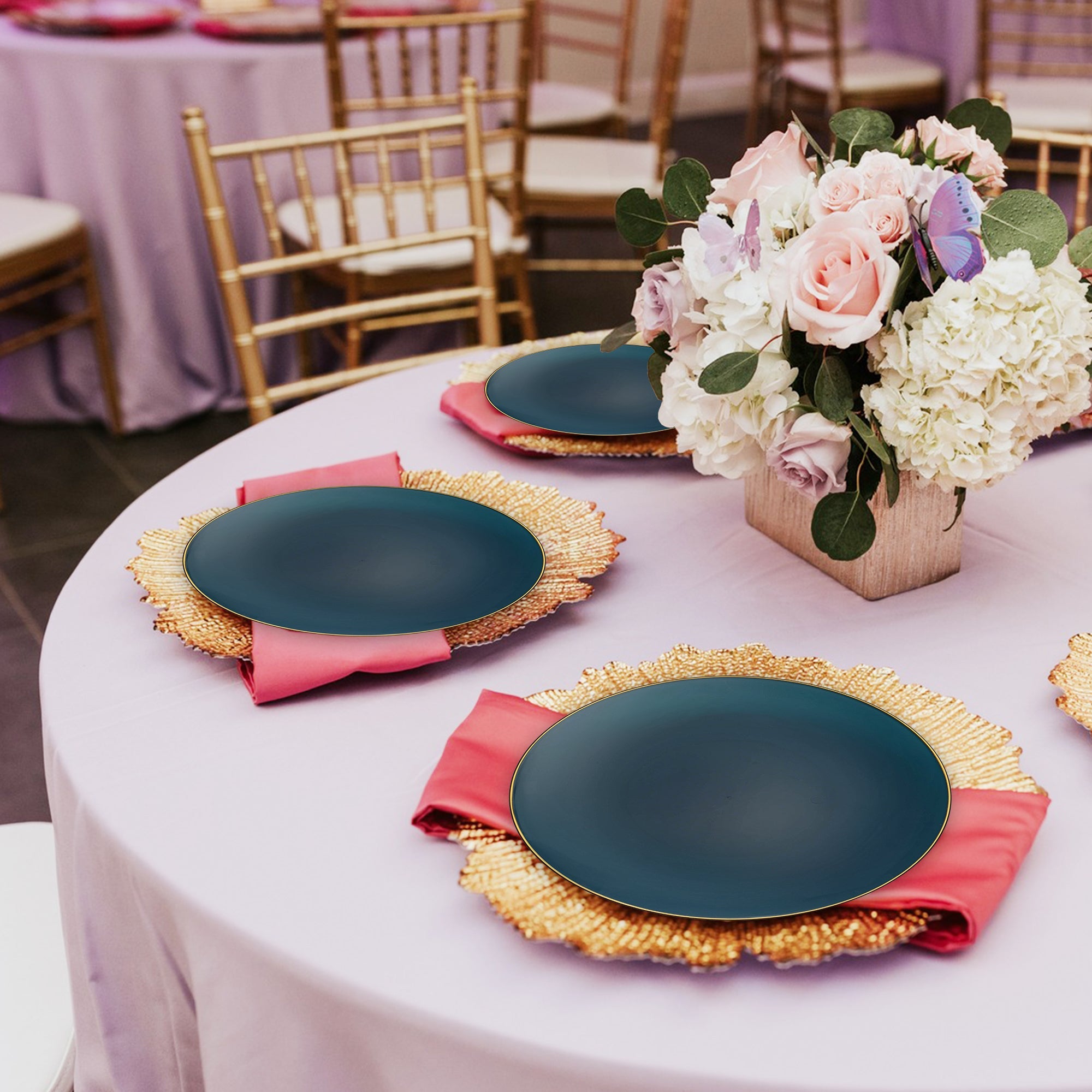Navy with Gold Rim Organic Round Disposable Plastic Appetizer/Salad Plates (7.5")