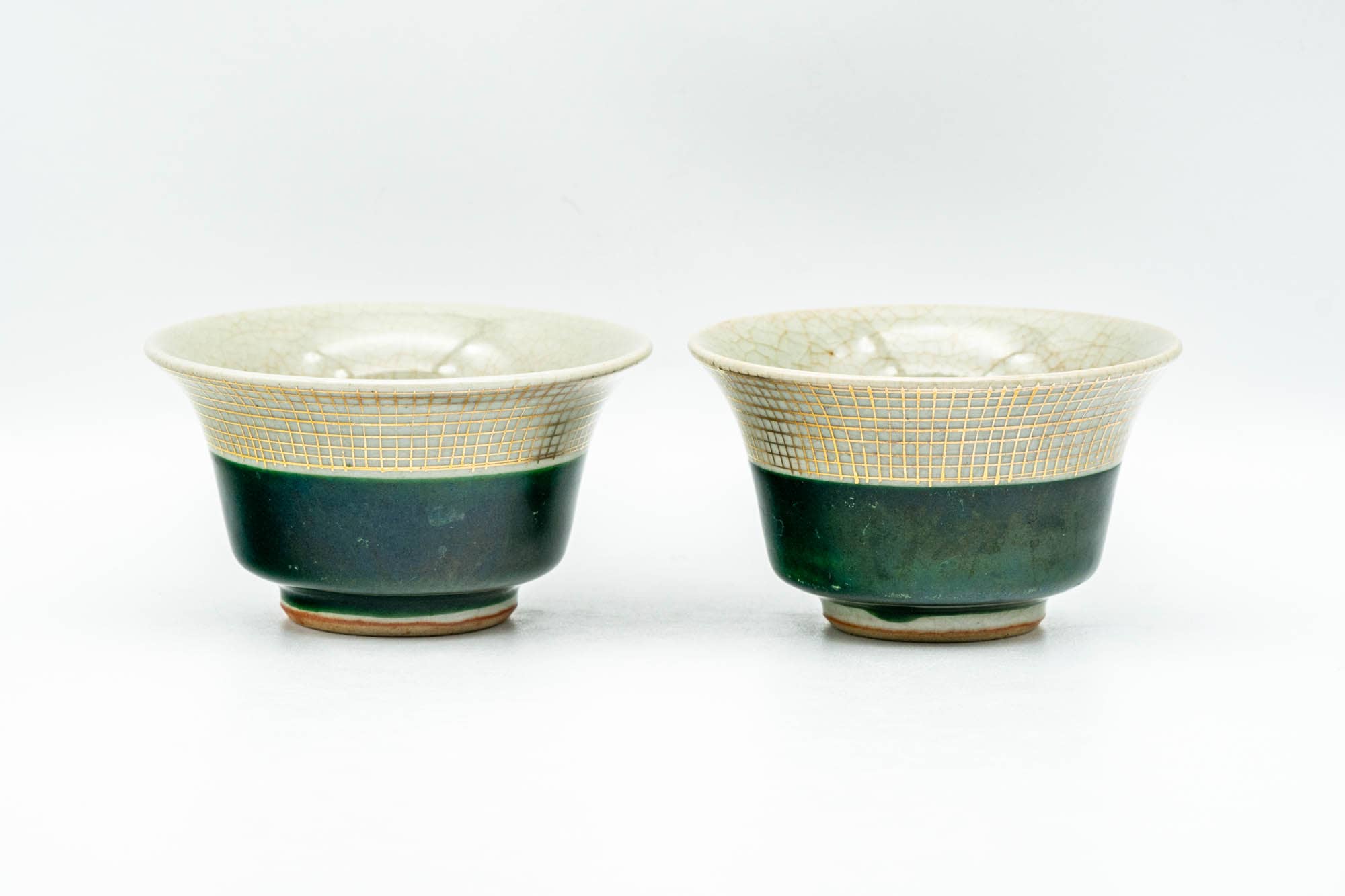 Japanese Teacups - Pair of Emerald Green Gold Patterned Yunomi - 60ml