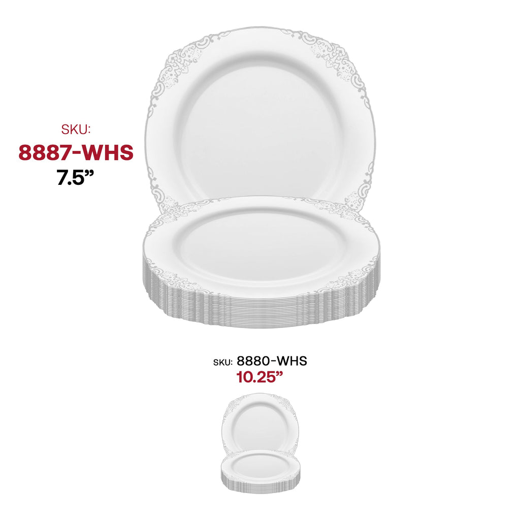 White with Silver Fancy Round Disposable Plastic Salad Plates (7.5”)