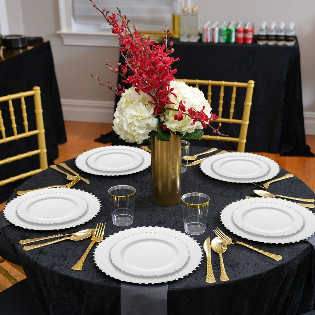 White with Silver Pearl String Round Disposable Plastic Salad Plates (7”)