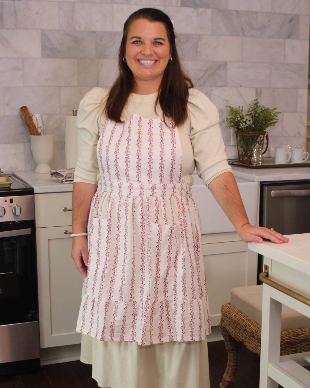 Begonia Stripe Floral Apron Ruby
