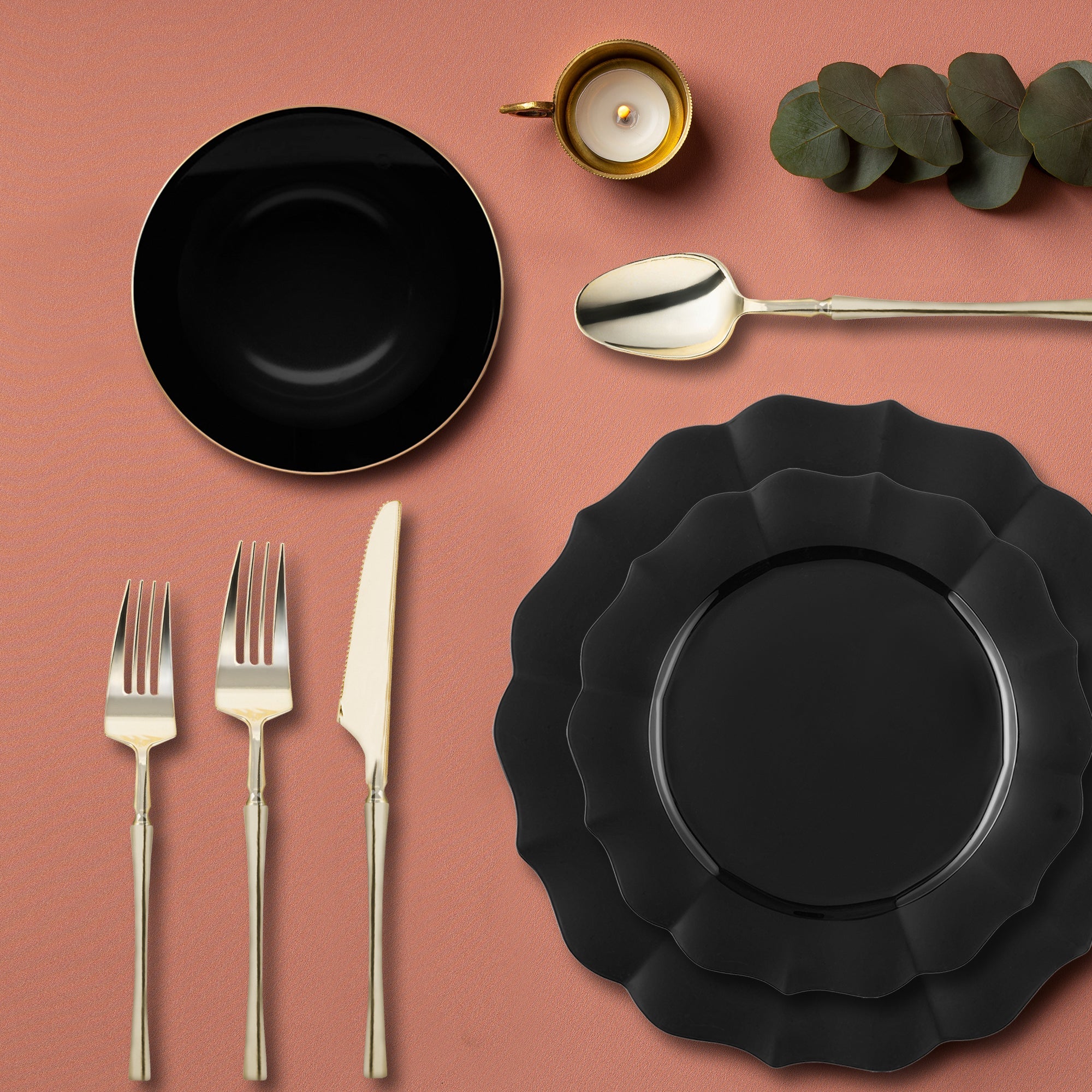 Black Round Lotus Plastic Tableware Set