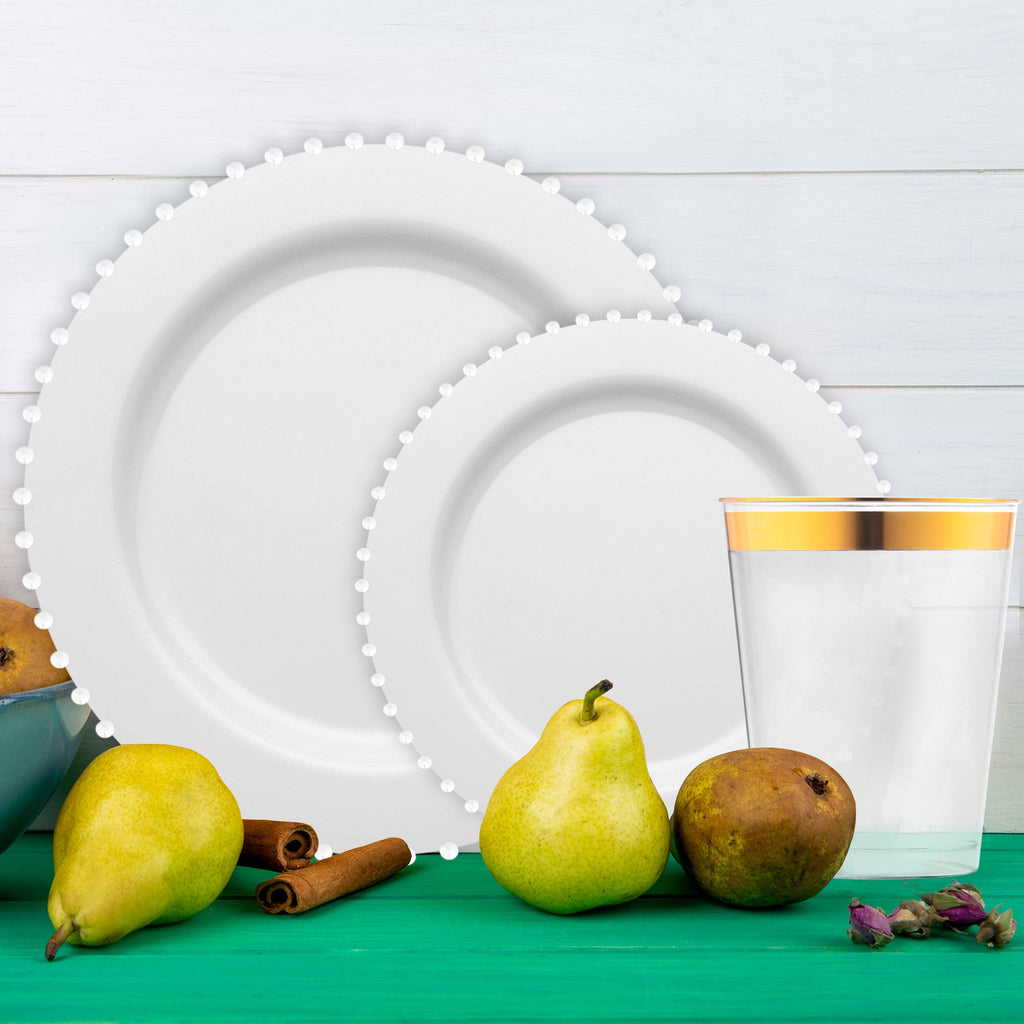 White Pearl String Round Disposable Plastic Tableware Set