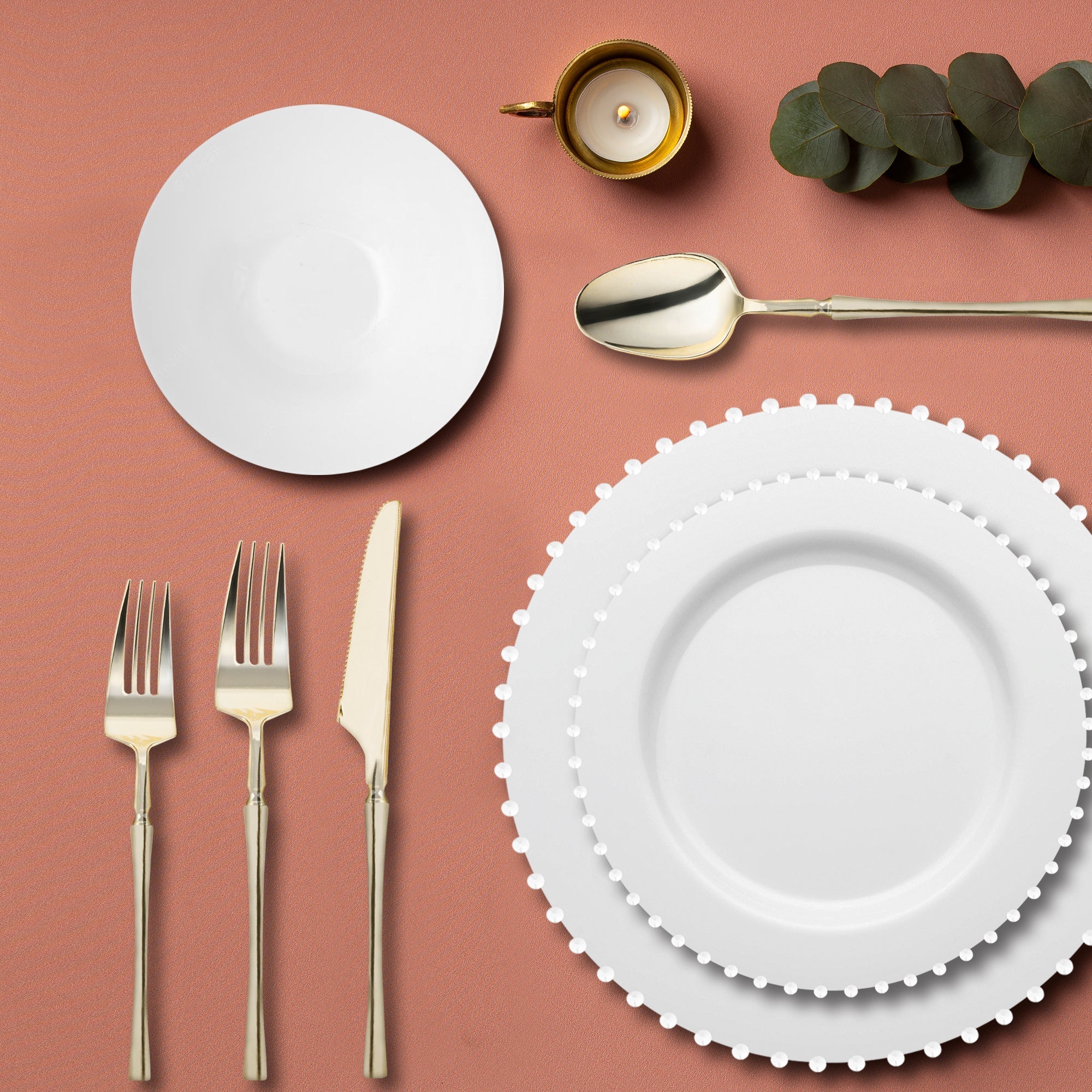 White Pearl String Round Disposable Plastic Tableware Set