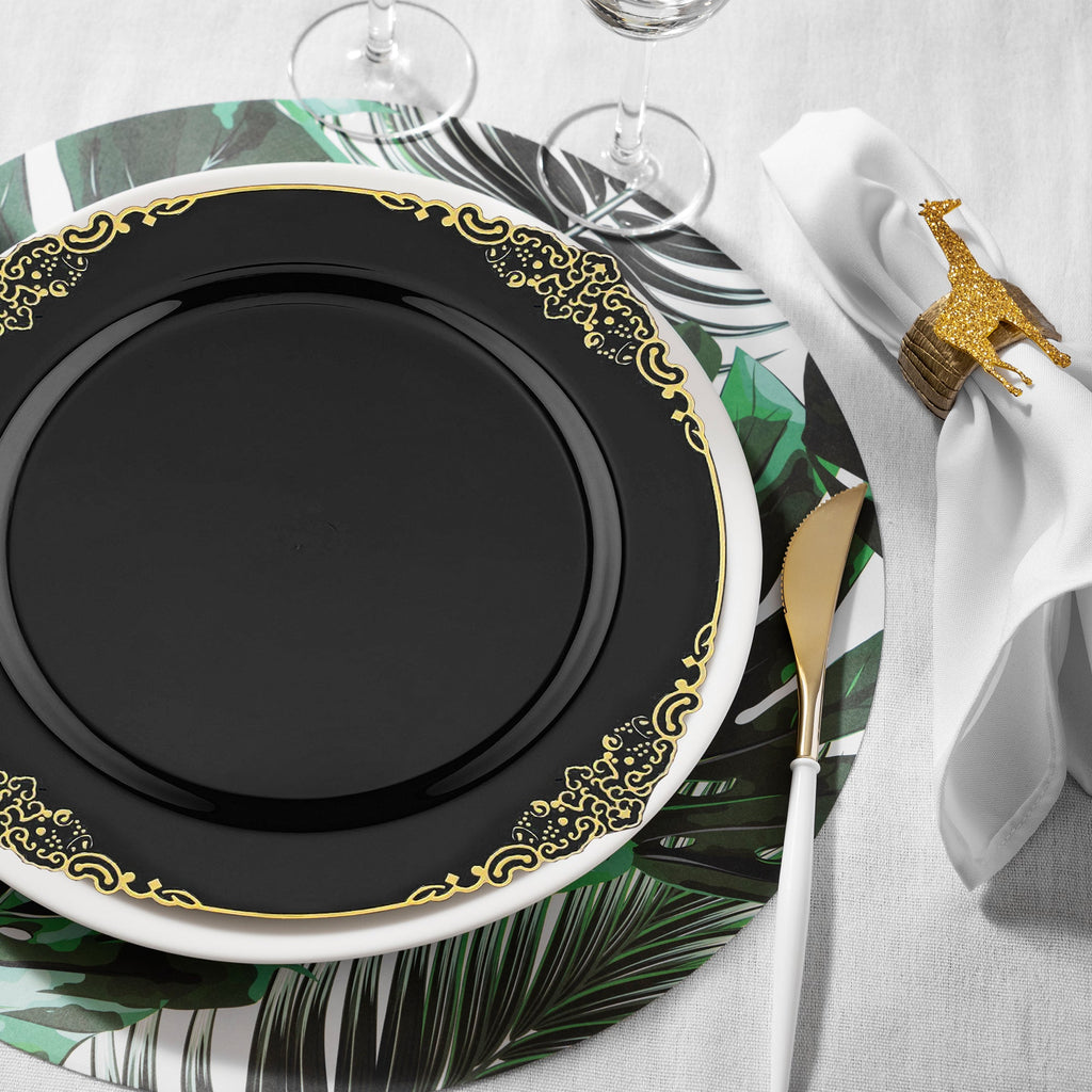 Black with Gold Fancy Round Disposable Plastic Dinner Plates (10.25”)