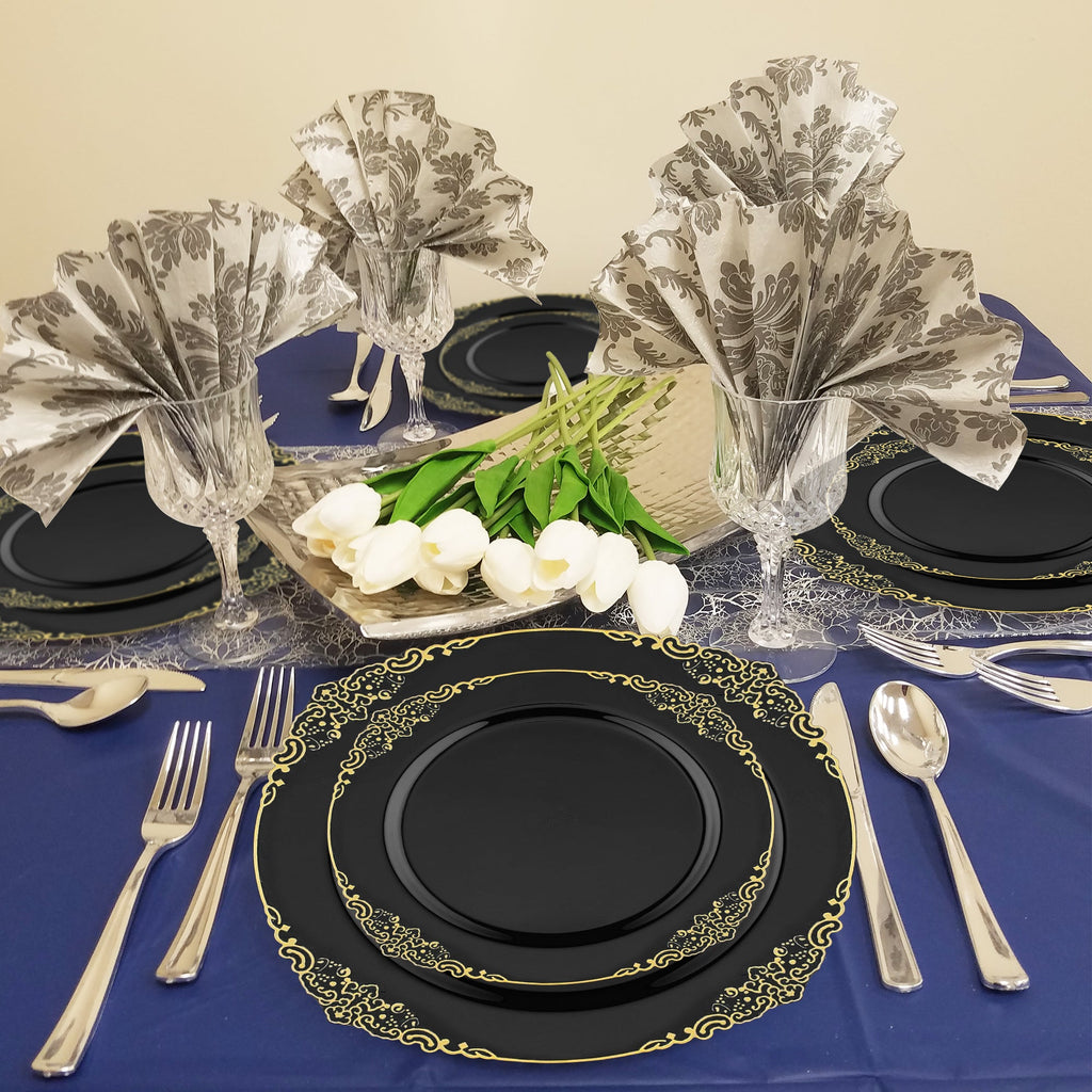 Black with Gold Fancy Round Disposable Plastic Dinner Plates (10.25”)