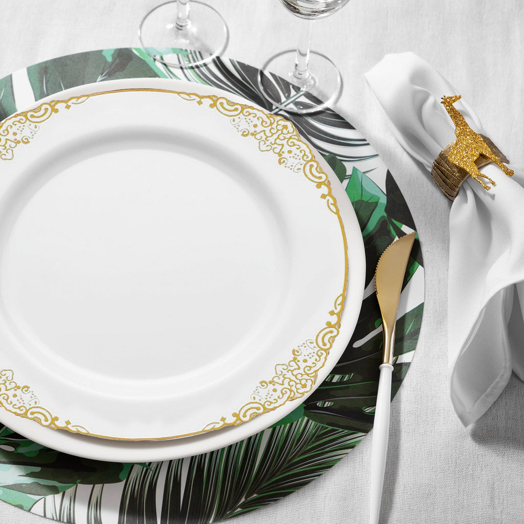 White with Gold Fancy Round Disposable Plastic Dinner Plates (10.25”)