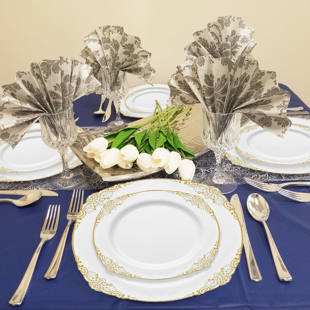 White with Gold Fancy Round Disposable Plastic Dinner Plates (10.25”)