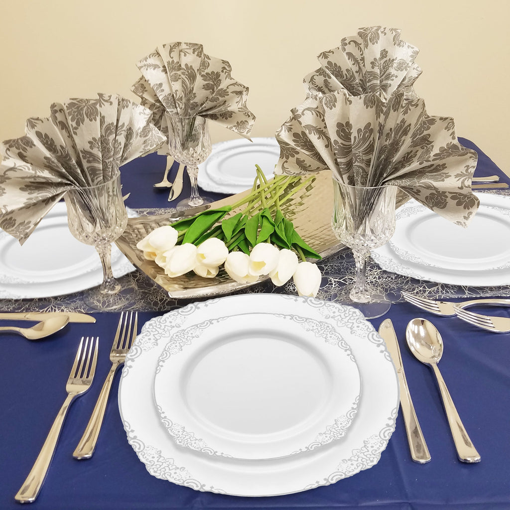 White with Silver Fancy Round Disposable Plastic Dinner Plates (10.25”)