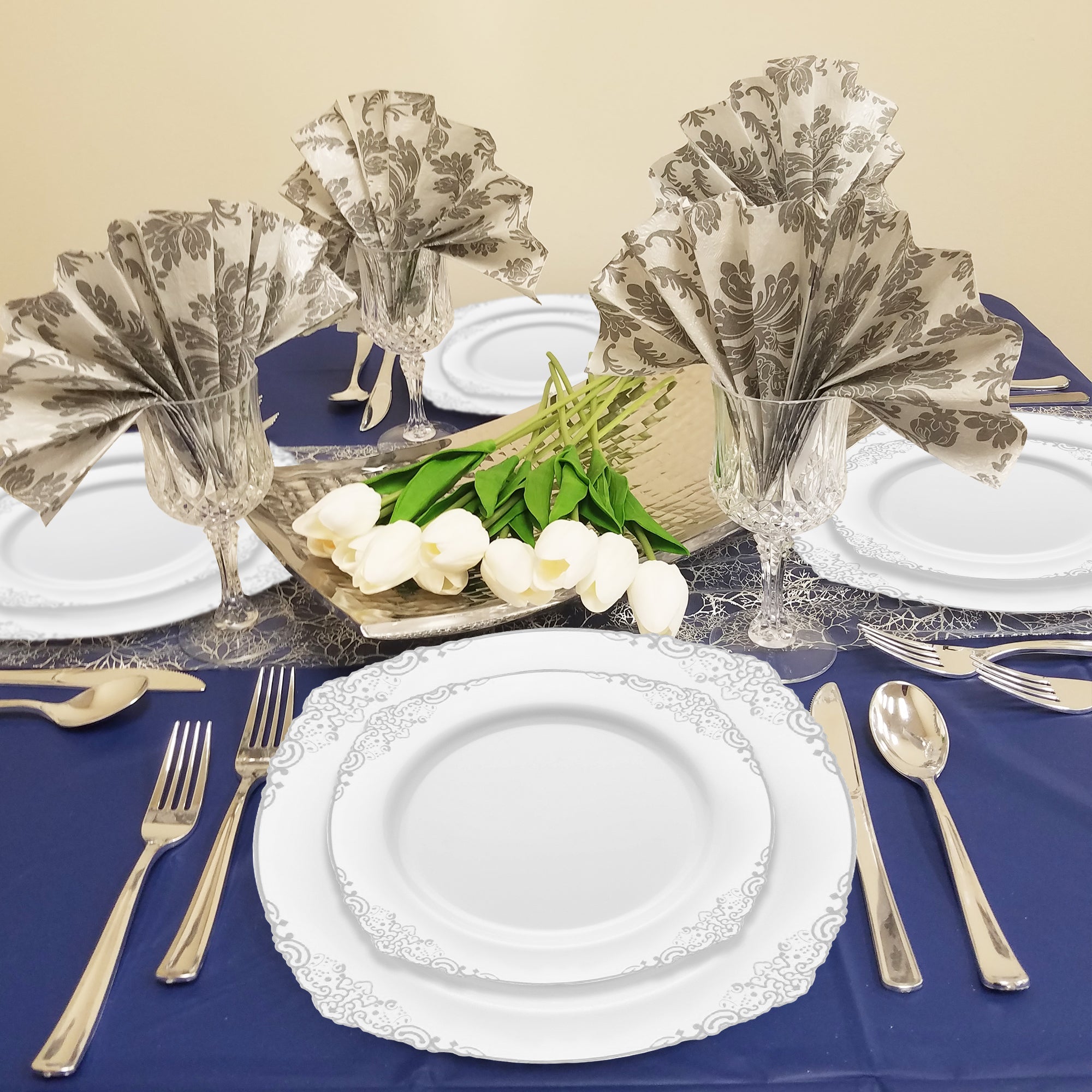 White with Silver Fancy Round Disposable Plastic Dinner Plates (10.25”)