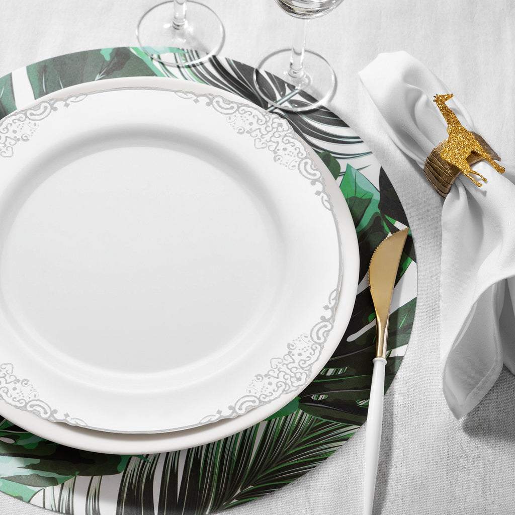 White with Silver Fancy Round Disposable Plastic Salad Plates (7.5”)