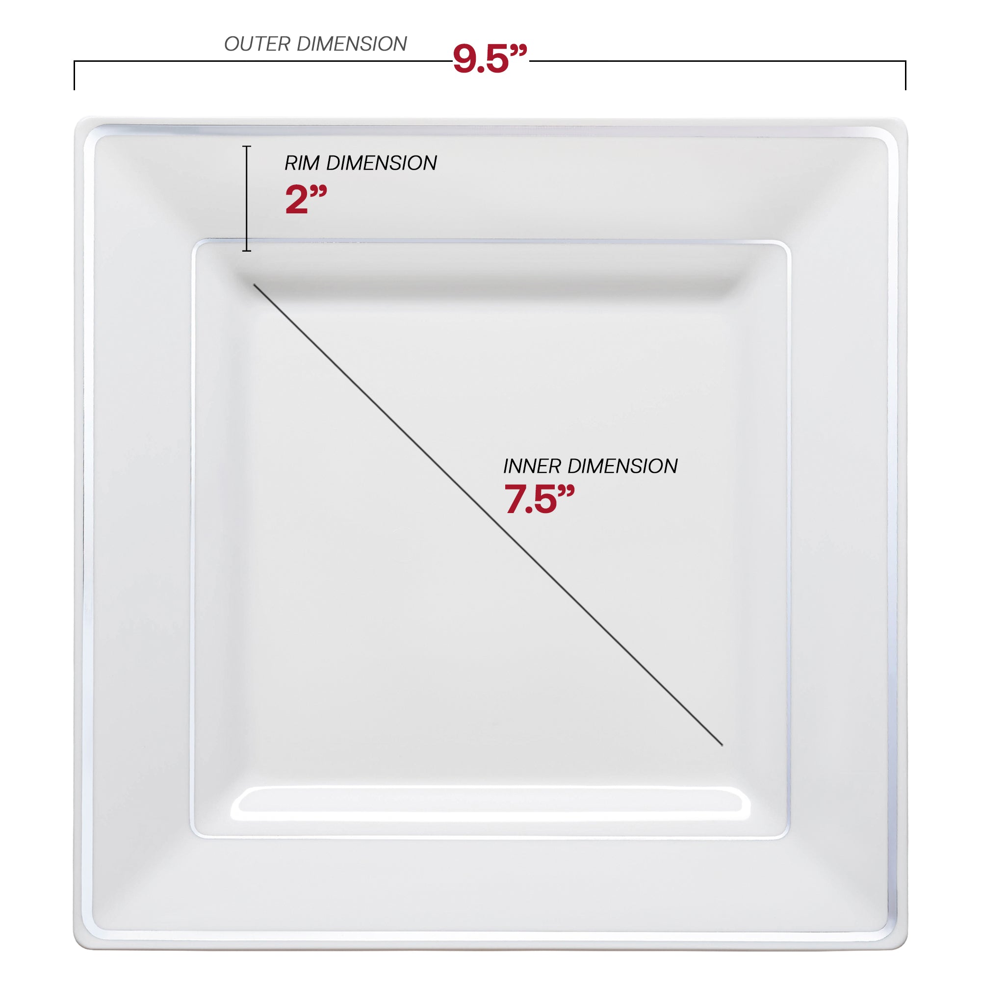 White with Silver Square Edge Rim Plastic Dinner Plates (9.5")