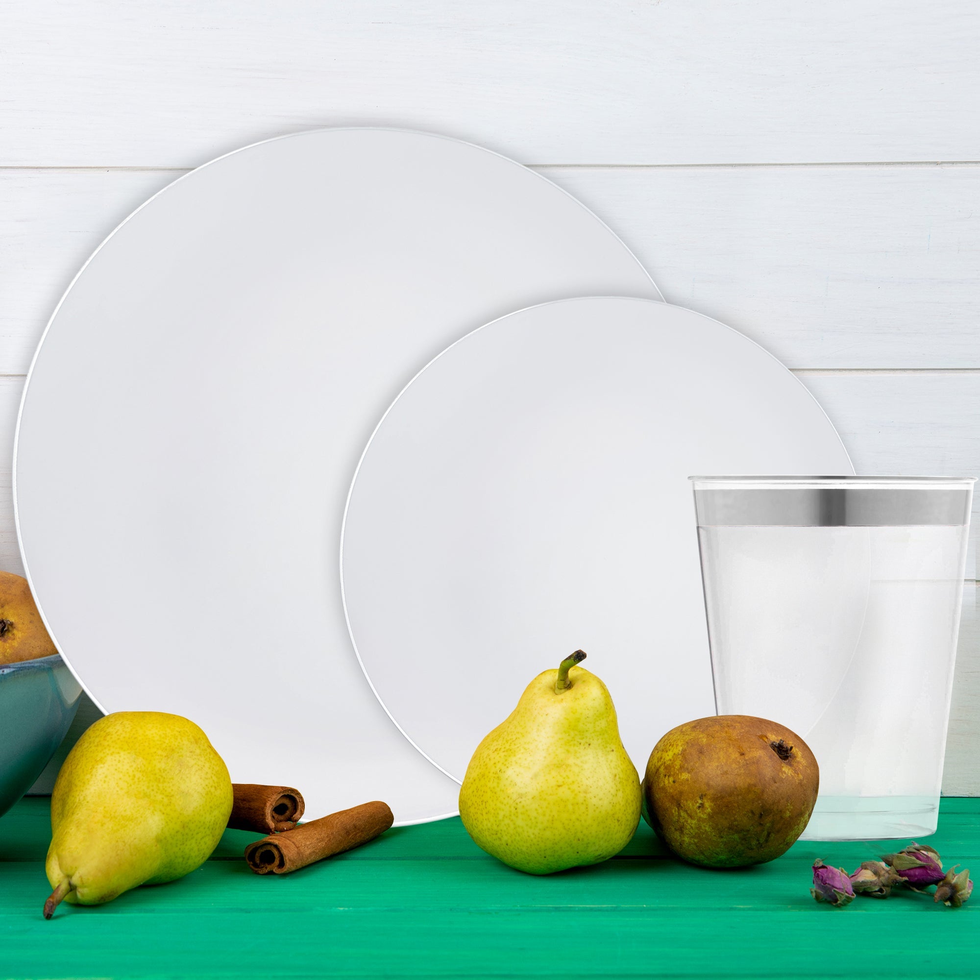 White with Silver Organic Disposable Plastic Tableware Set