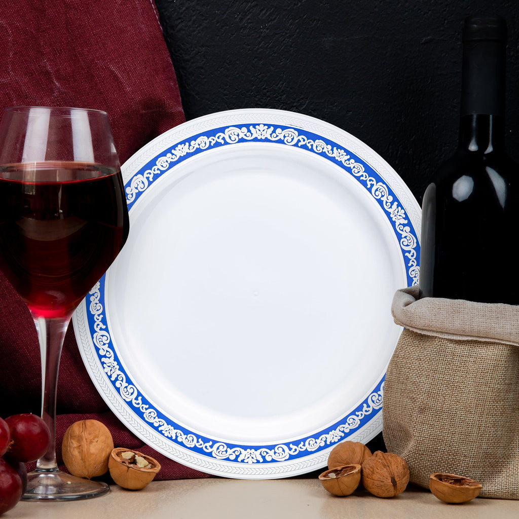 White with Blue and Silver Royal Rim Plastic Dinner Plates (10.25")