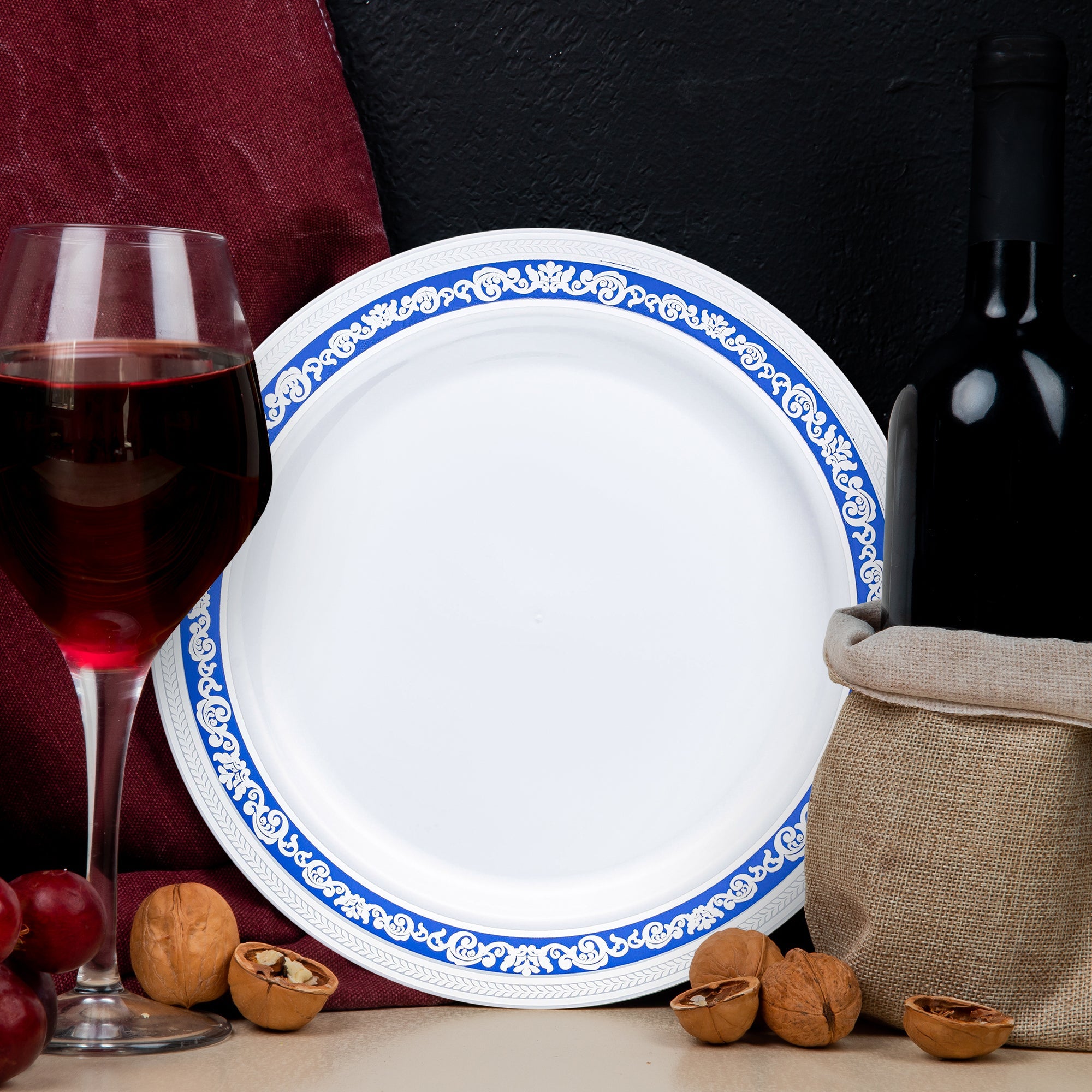 White with Blue and Silver Royal Rim Plastic Dinner Plates (10.25")