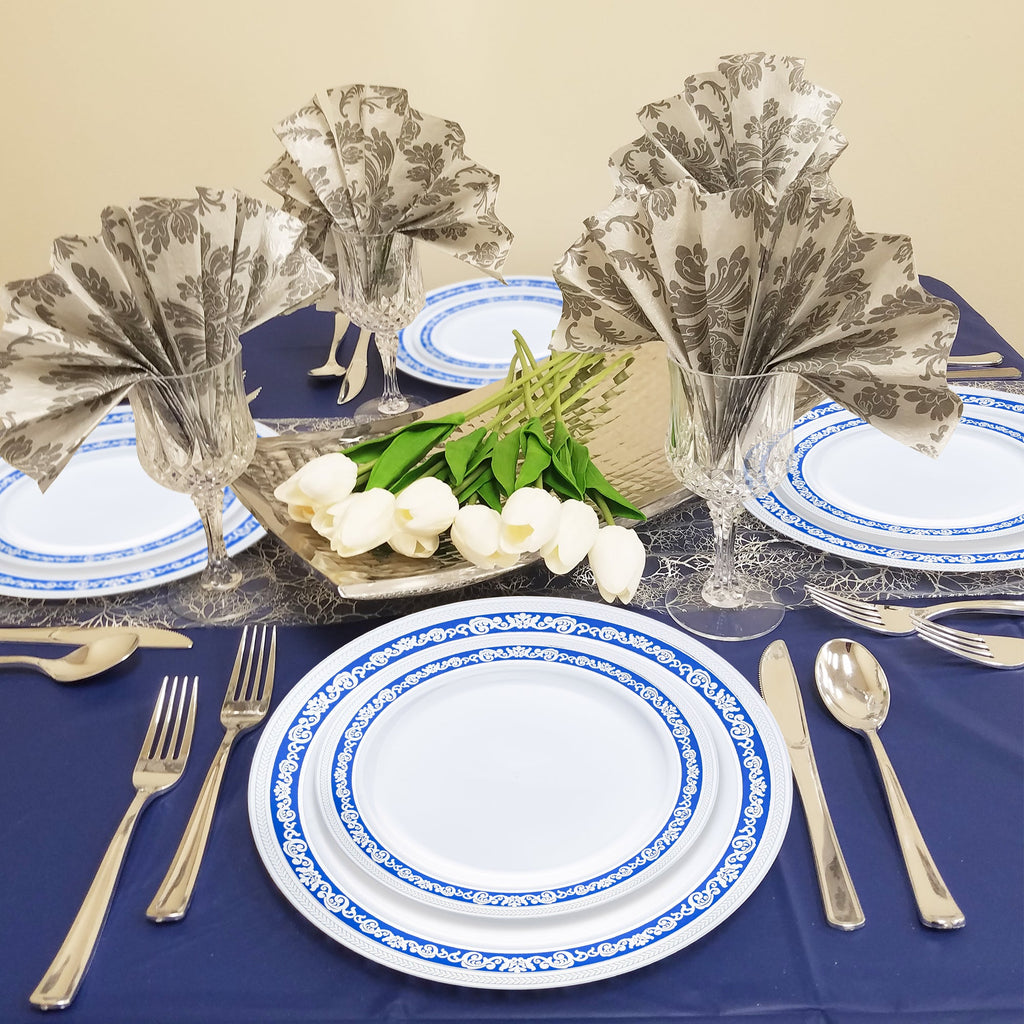White with Blue and Silver Royal Rim Plastic Dinner Plates (10.25")