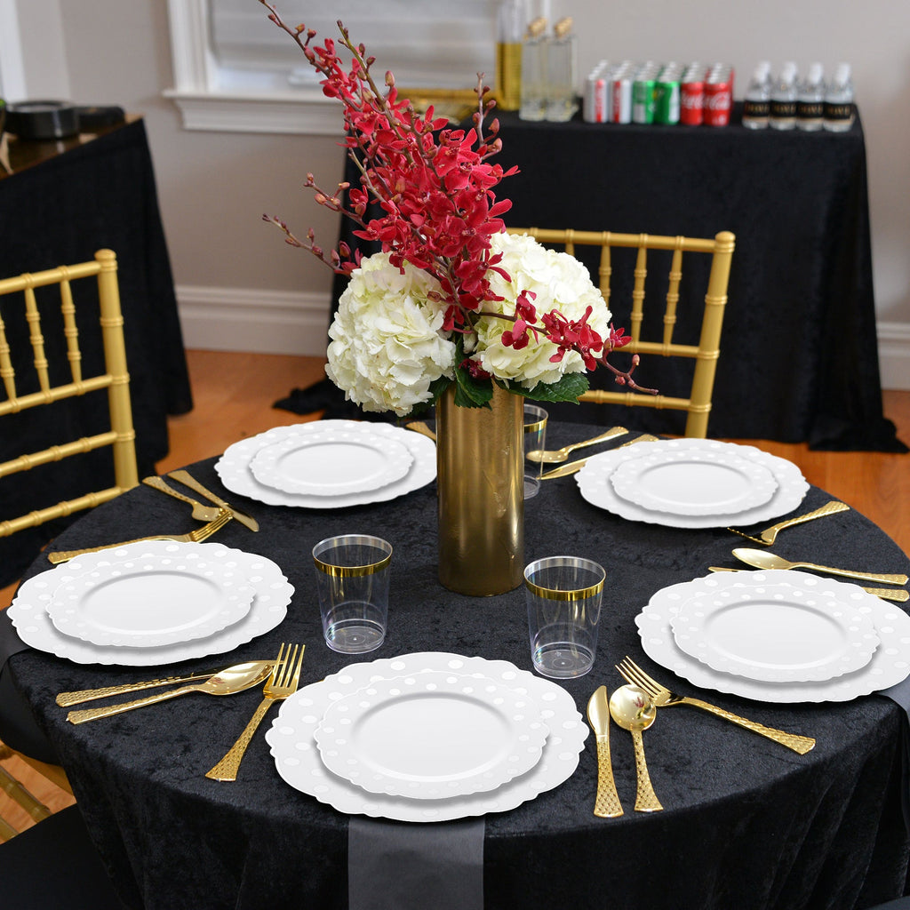 White with Silver Dots Round Blossom Disposable Plastic Dinnerware Value Set