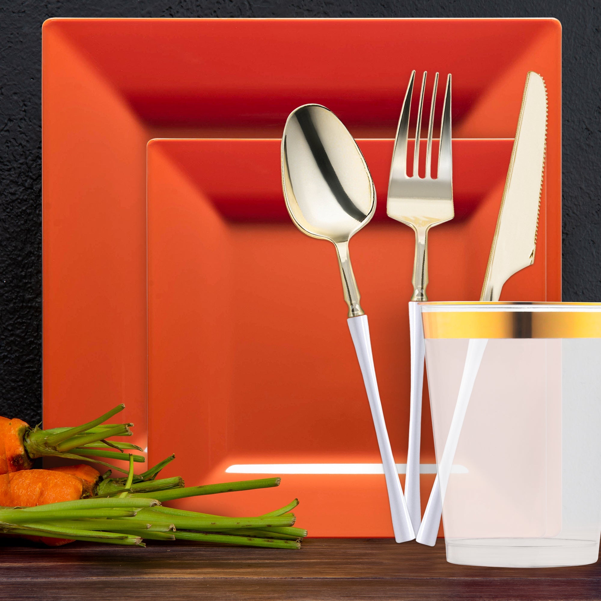 Burnt Orange Square Disposable Plastic Tableware Set