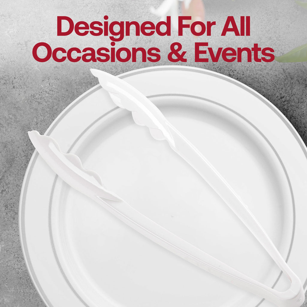 9" White Disposable Plastic Serving Tongs