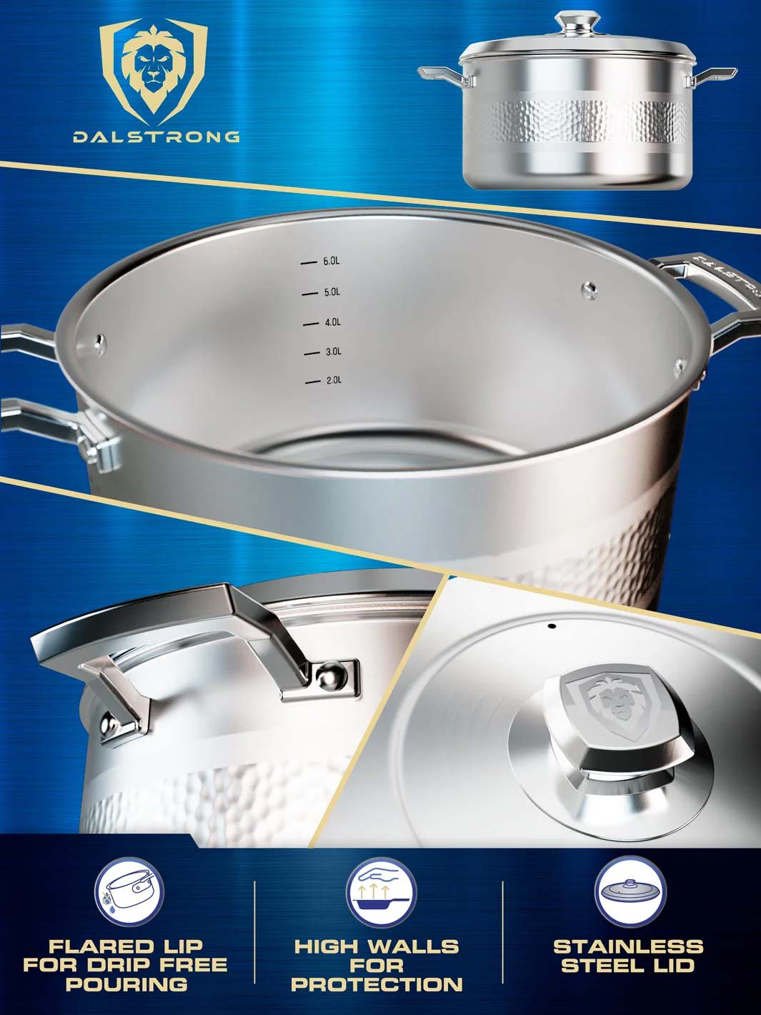 3 Quart Stock Pot | Hammered Finish Silver | Avalon Series | Dalstrong ©