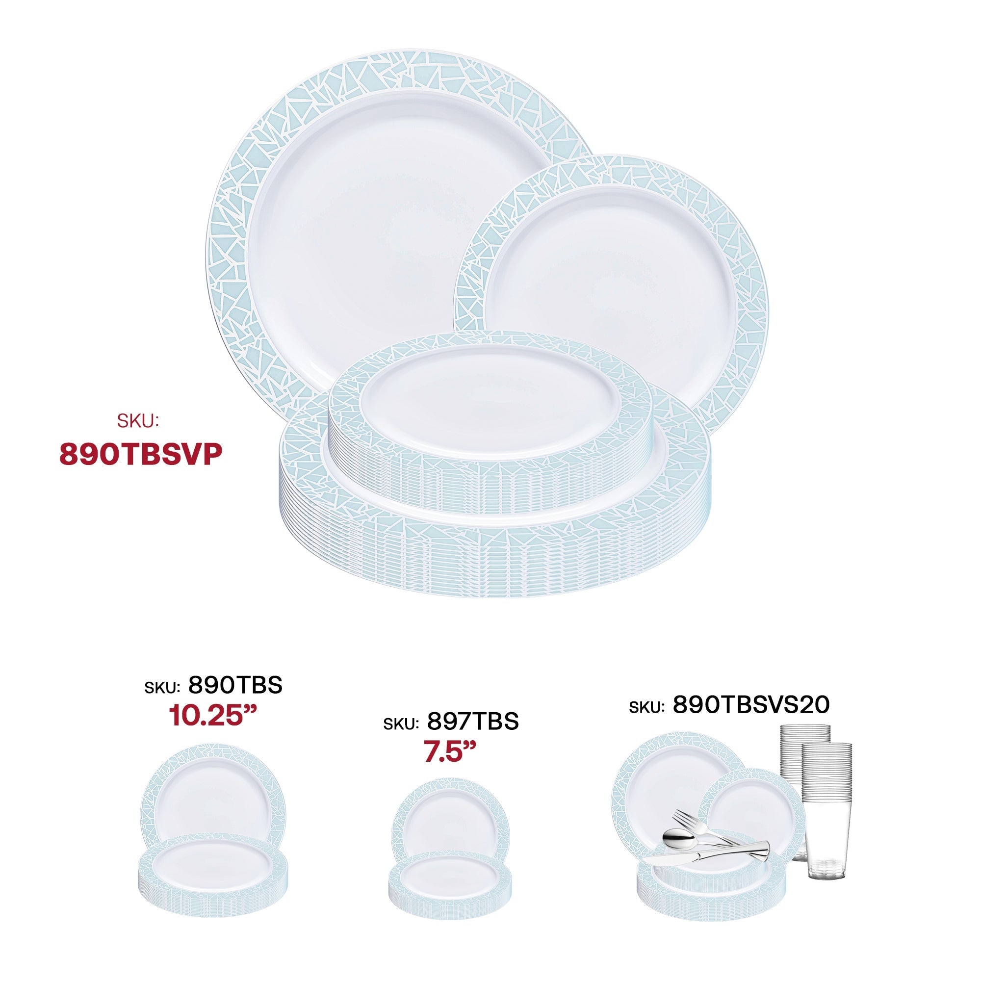 White with Turquoise Blue and Silver Mosaic Rim Round Plastic Dinnerware Value Set