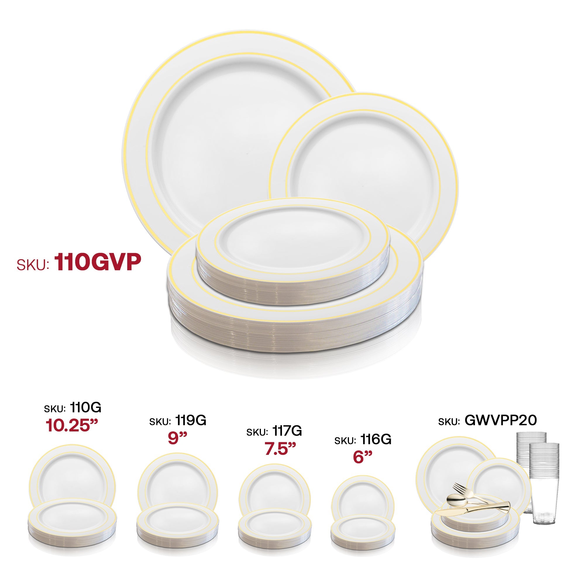 White with Gold Edge Rim Plastic Dinnerware Value Set