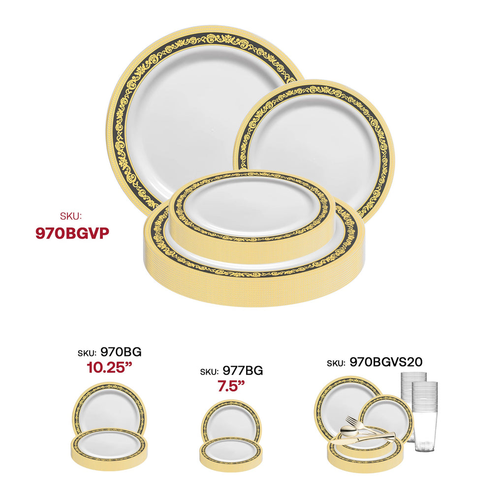 White with Black and Gold Royal Rim Plastic Dinnerware Value Set