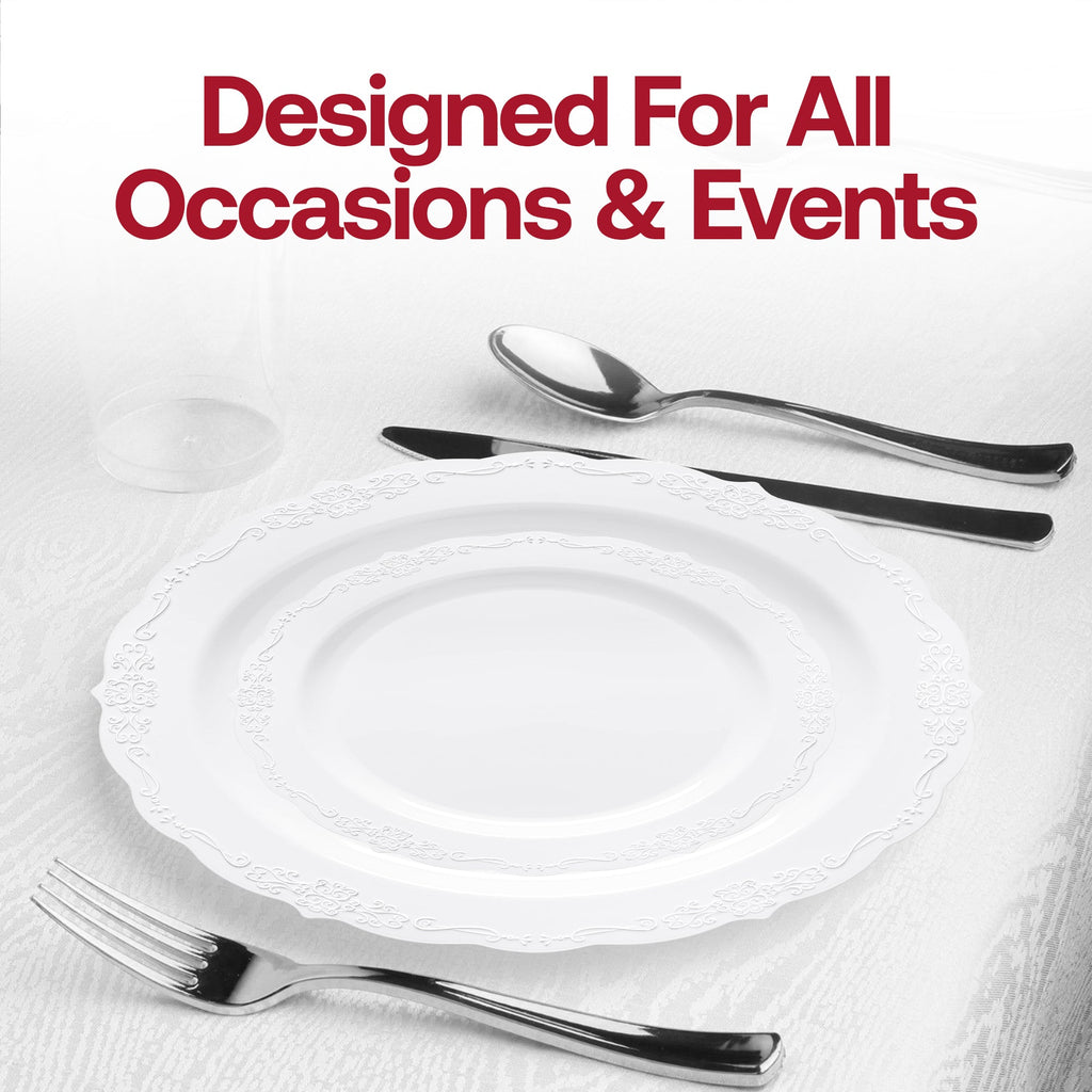 White Vintage Round Disposable Plastic Dinnerware Value Set