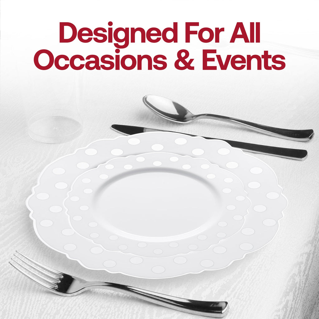 White with Silver Dots Round Blossom Disposable Plastic Wedding Value Set