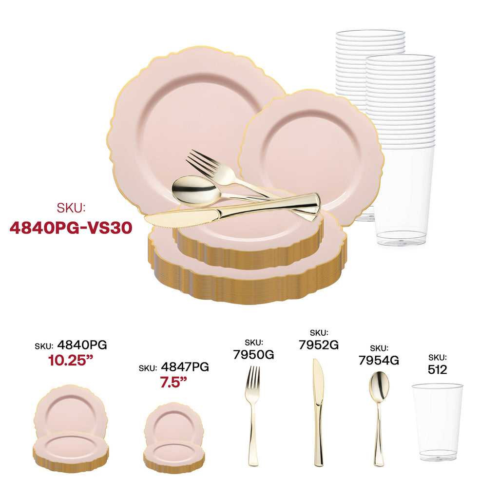Pink with Gold Rim Round Blossom Disposable Plastic Wedding Value Set