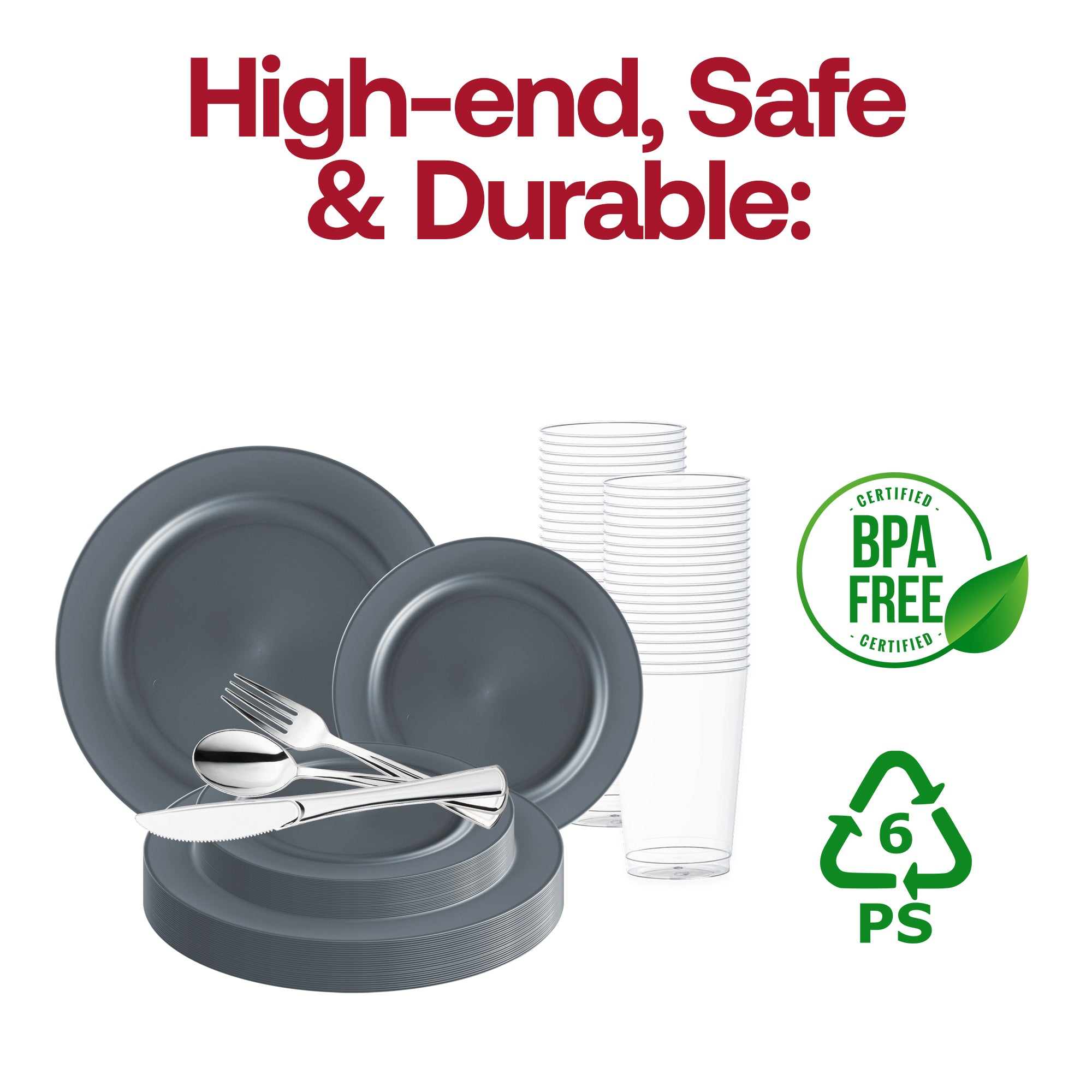 Matte Charcoal Gray Round Disposable Plastic Wedding Value Set