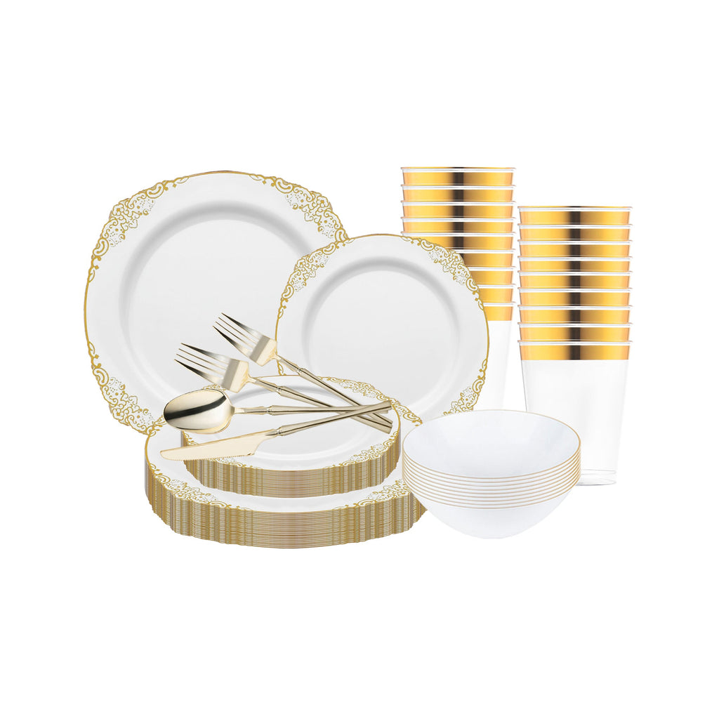 White with Gold Fancy Round Disposable Plastic Tableware Set
