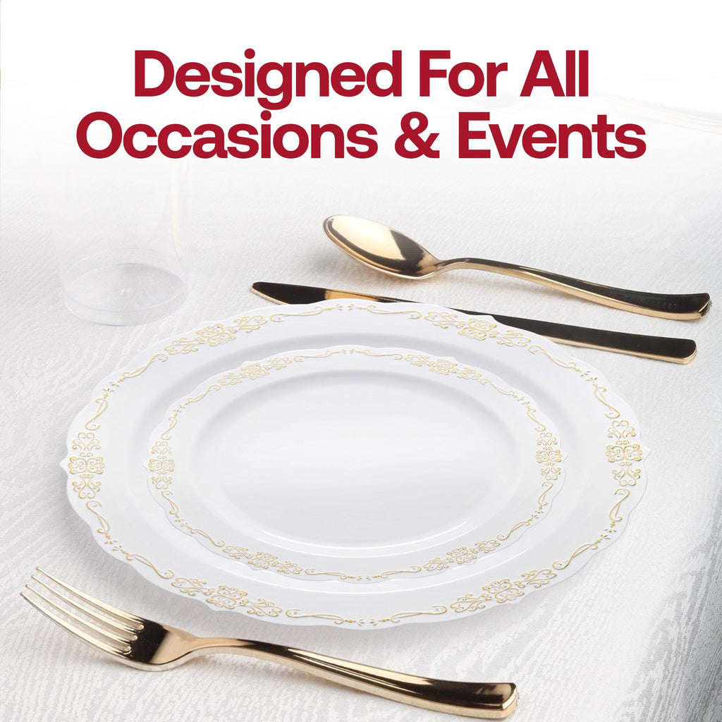 White with Gold Vintage Rim Round Disposable Plastic Wedding Value Set