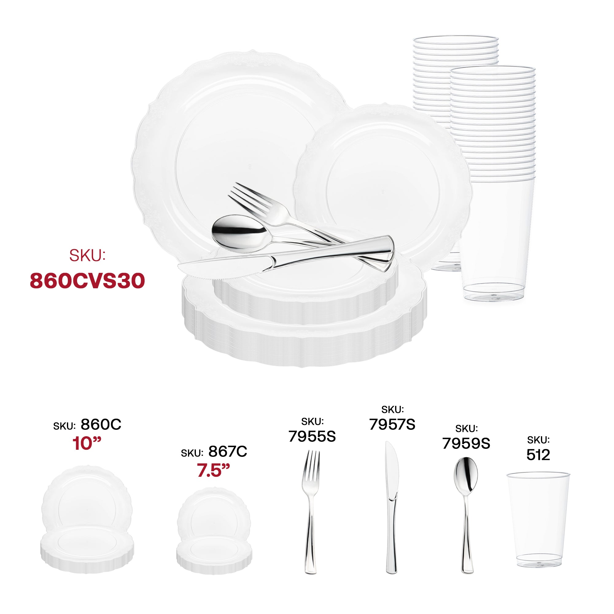 Clear Vintage Round Disposable Plastic Wedding Value Set