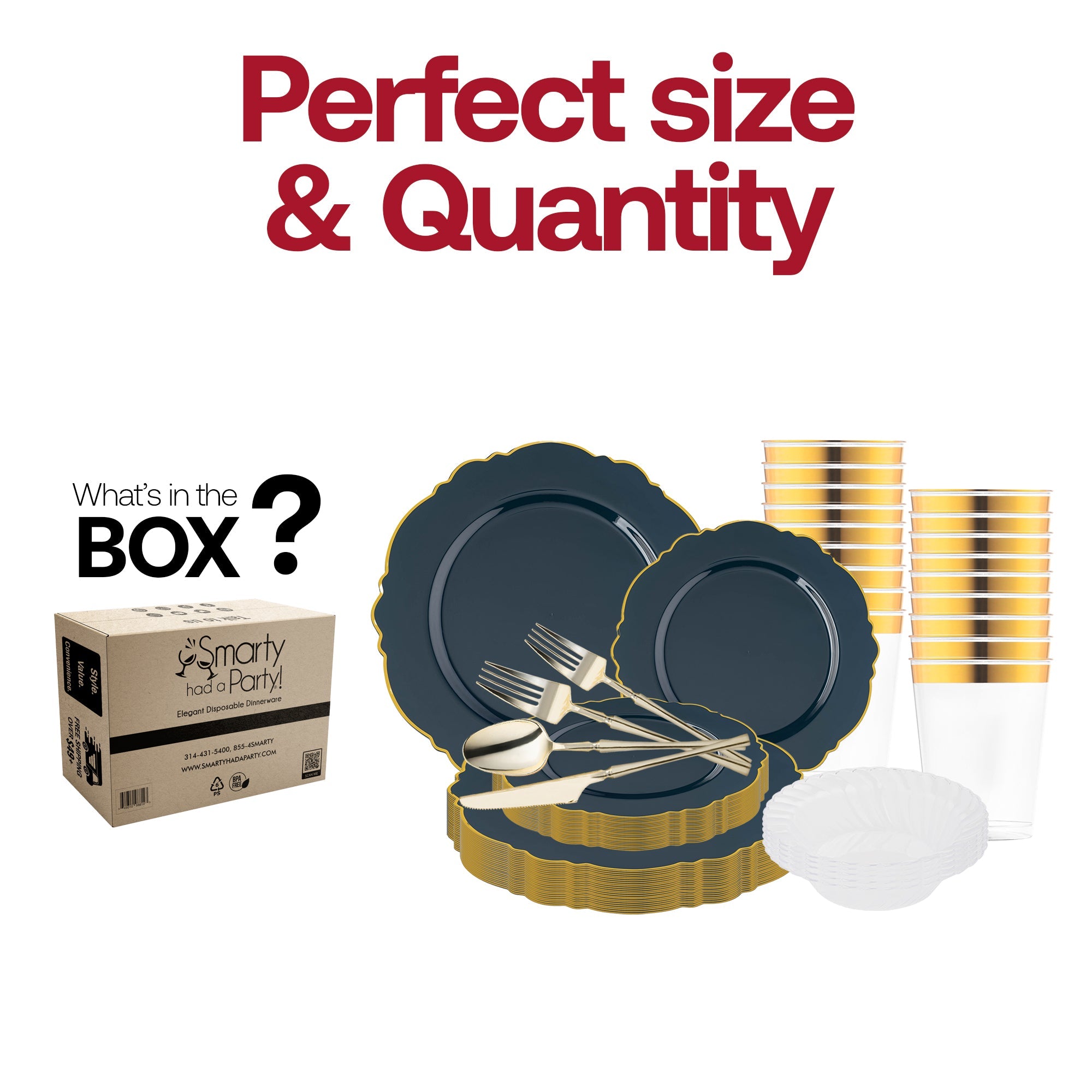 Navy with Gold Blossom Rim Disposable Plastic Tableware Set