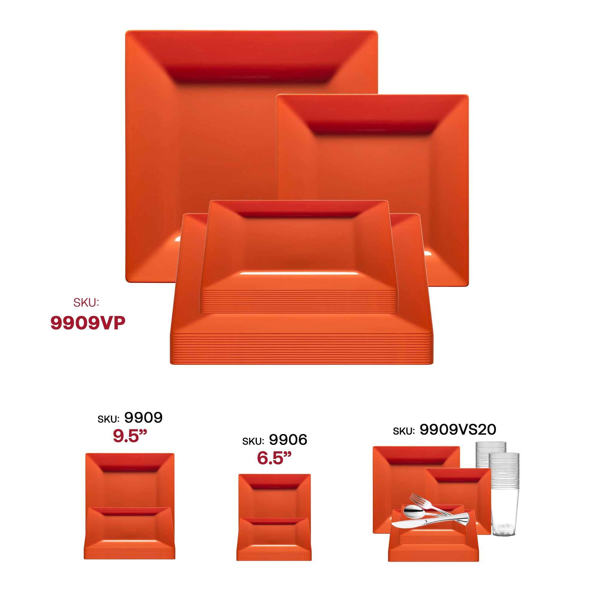 Burnt Orange Square Plastic Plates Dinnerware Value Set