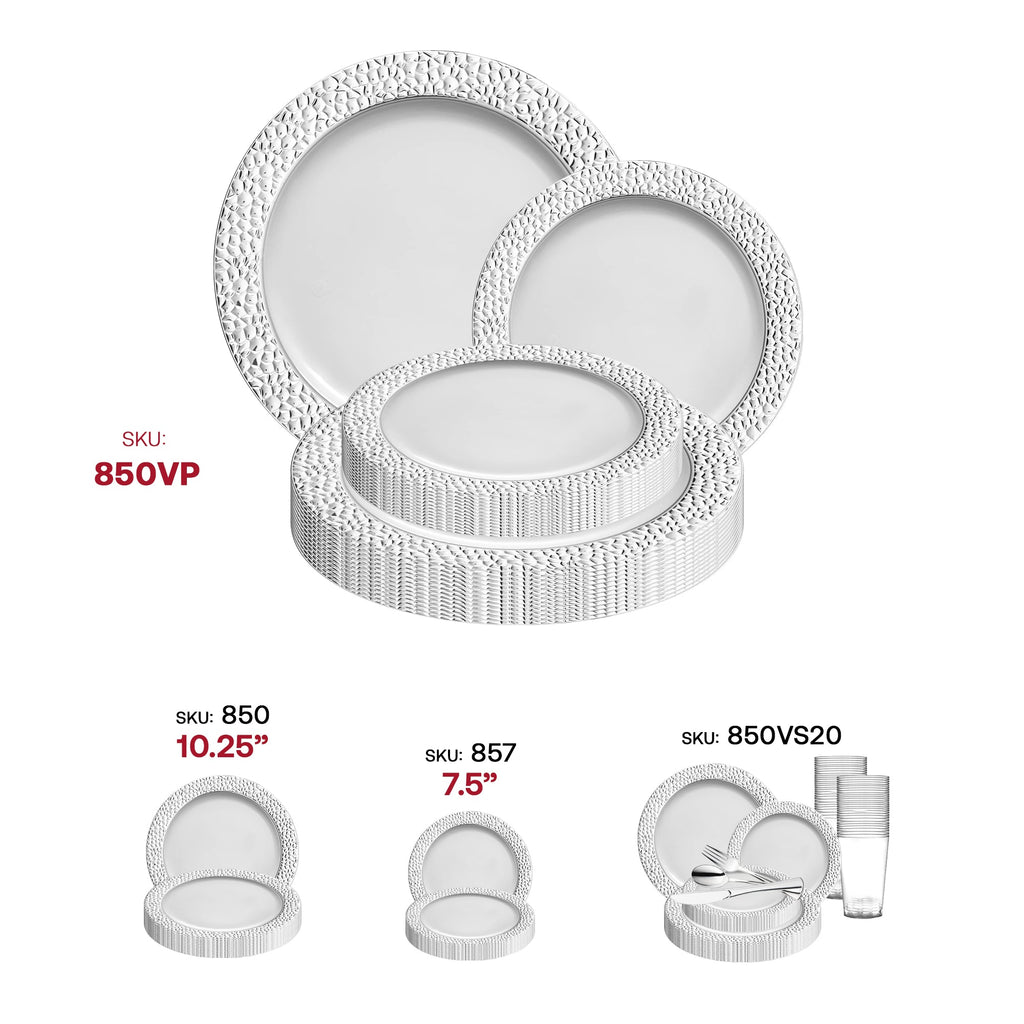 White with Silver Hammered Rim Plastic Dinnerware Value Set