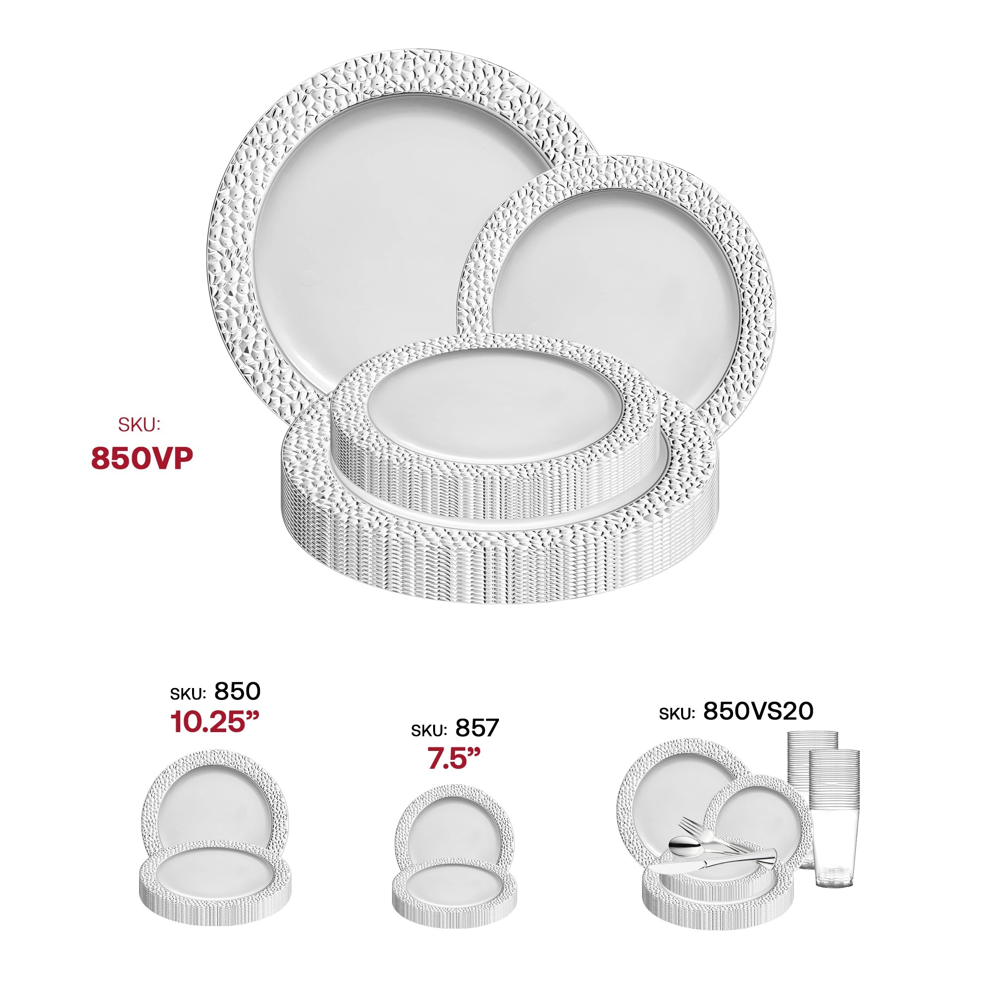 White with Silver Hammered Rim Plastic Dinnerware Value Set