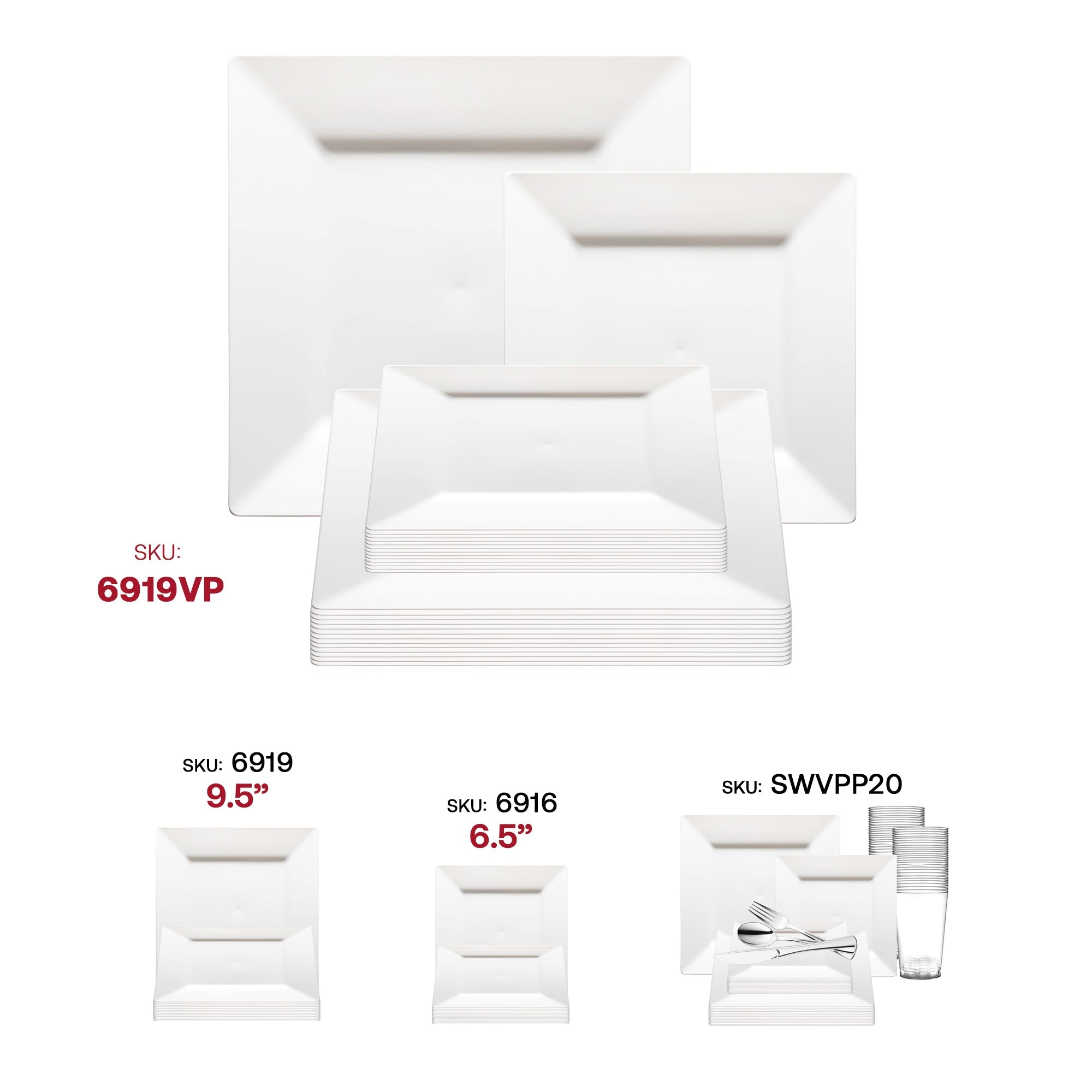 White Square Plastic Plates Dinnerware Value Set