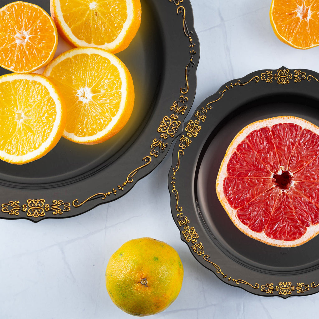 Black with Gold Vintage Rim Round Disposable Plastic Appetizer/Salad Plates (7.5")