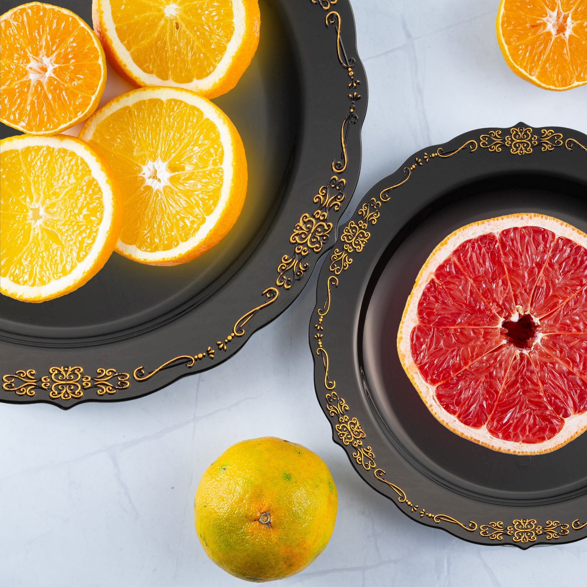 Black with Gold Vintage Rim Round Disposable Plastic Appetizer/Salad Plates (7.5")