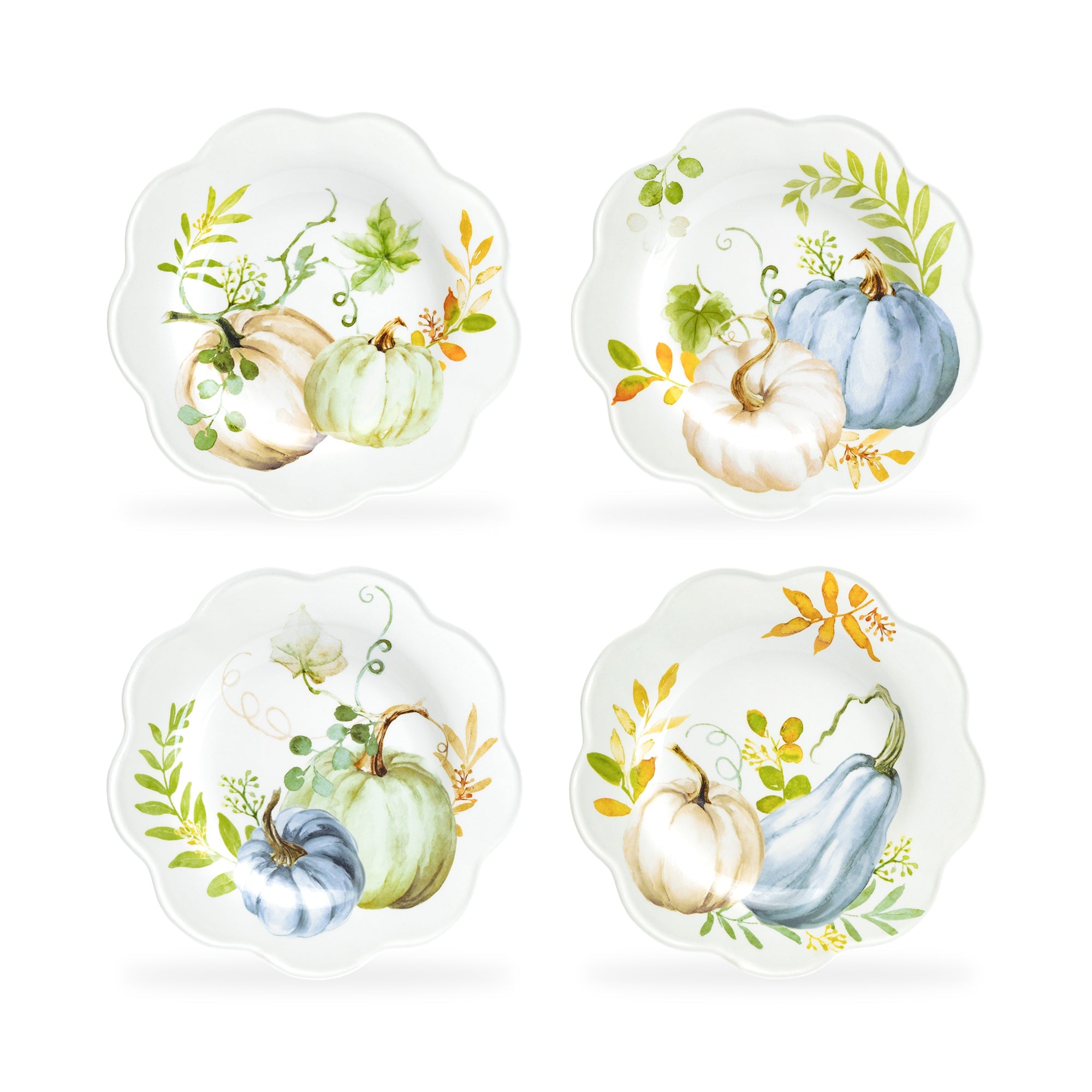8.5" Assorted Fall Pumpkins Scallop Salad/Dessert Plate Set of 4