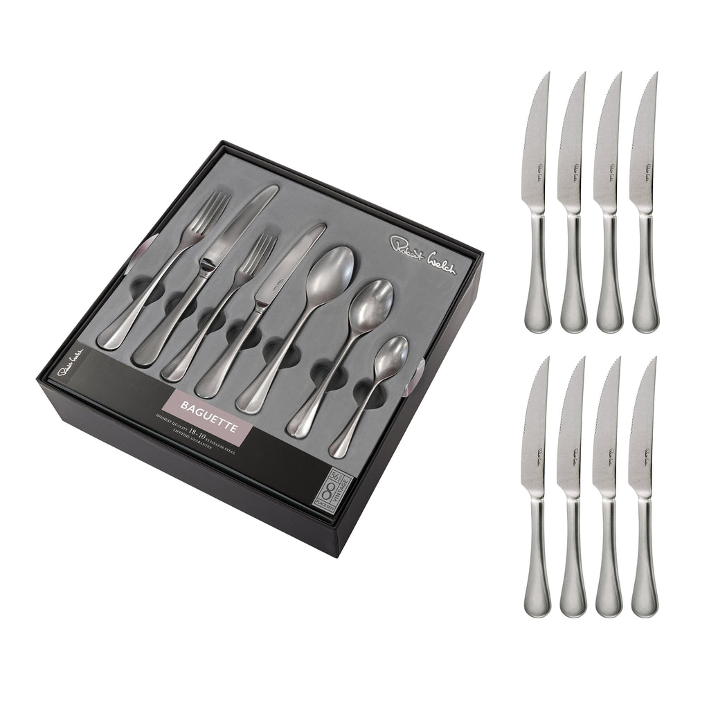 Baguette Vintage Cutlery Set, 64 Piece for 8 People - 8 Free Steak Knives