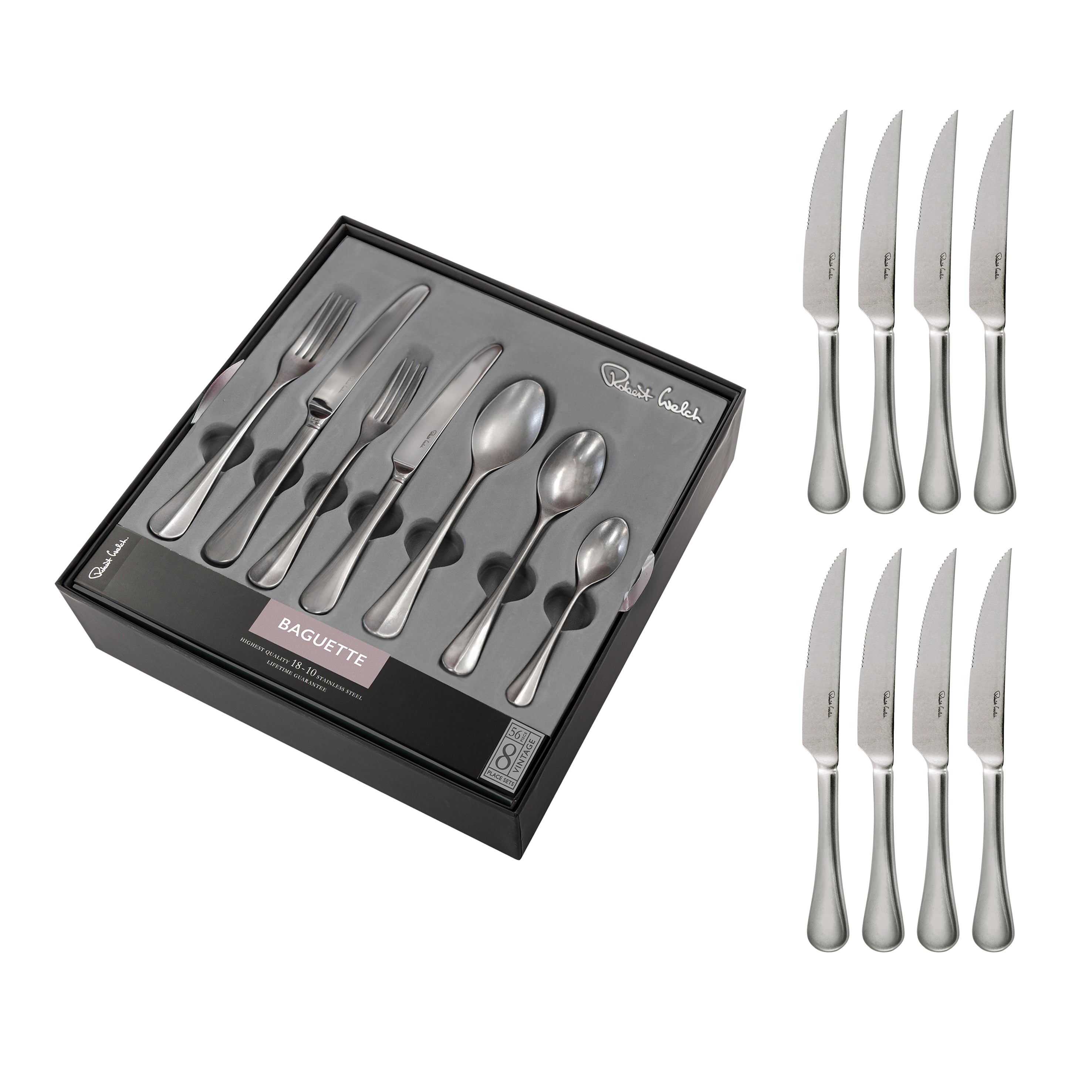 Baguette Vintage Cutlery Set, 64 Piece for 8 People - 8 Free Steak Knives