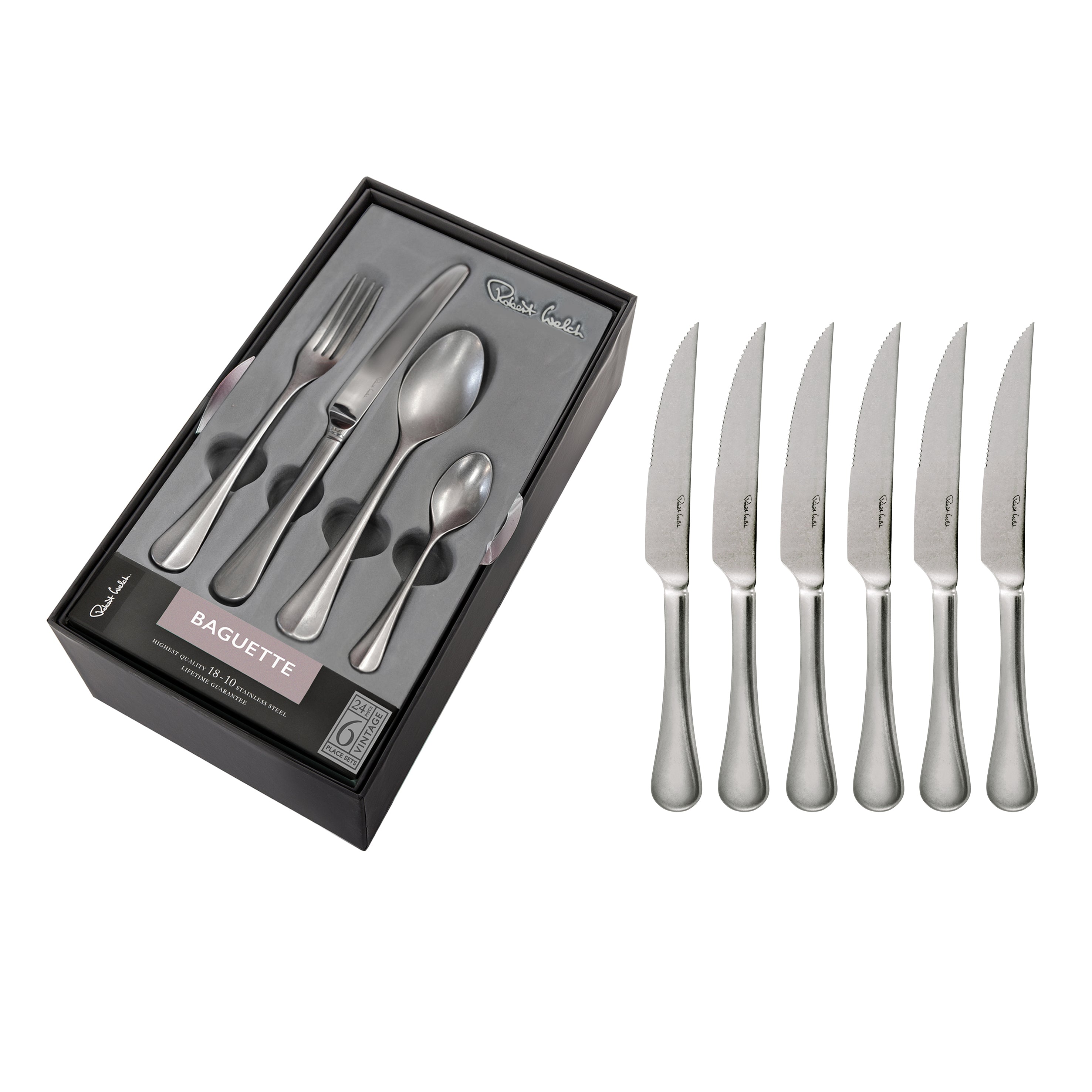 Baguette Vintage Cutlery Set, 30 Piece for 6 People - 6 Free Steak Knives